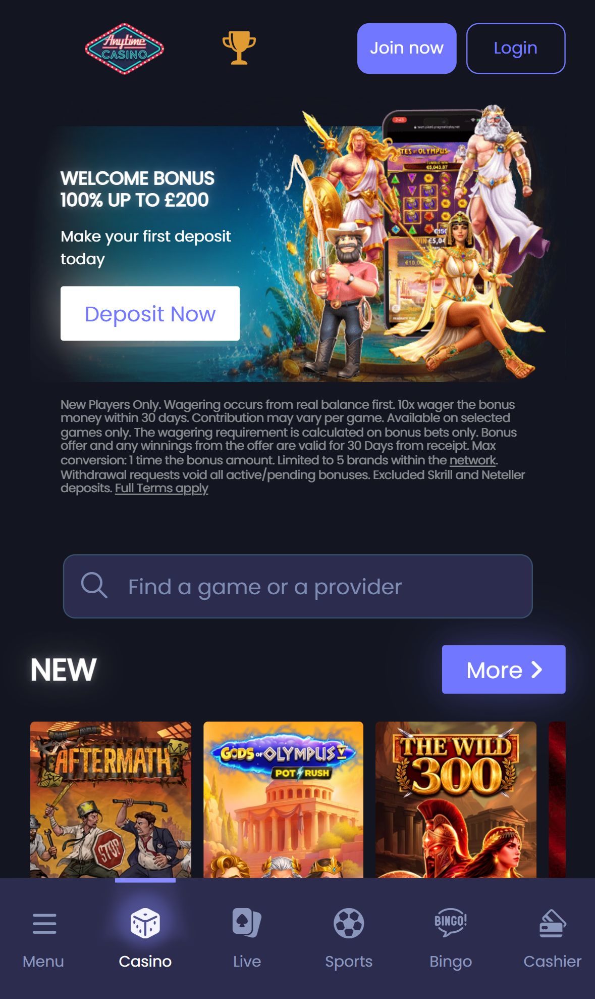 AnyTimeCasino — Homepage (Mobile)