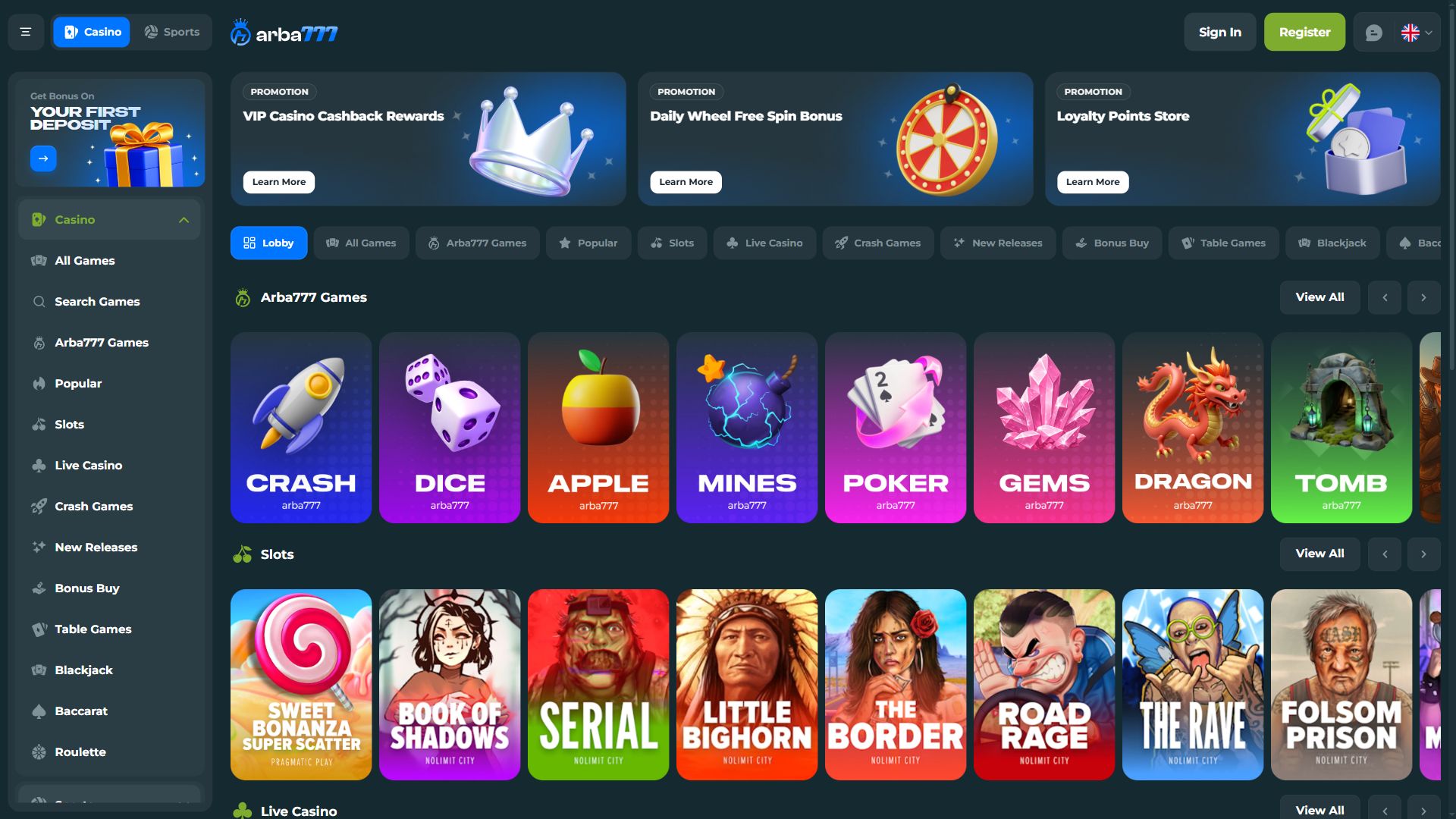 Arba777 — Lobby (Desktop)