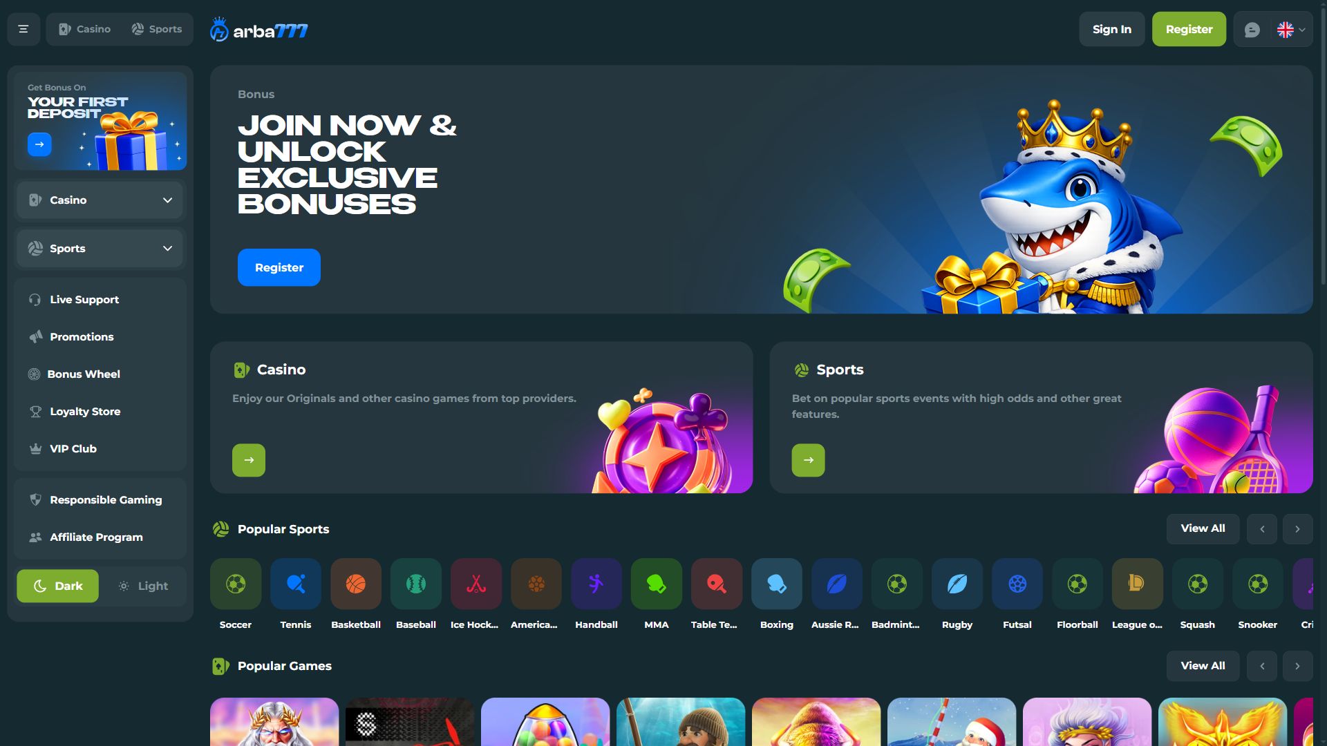 Arba777 — Homepage (Desktop)