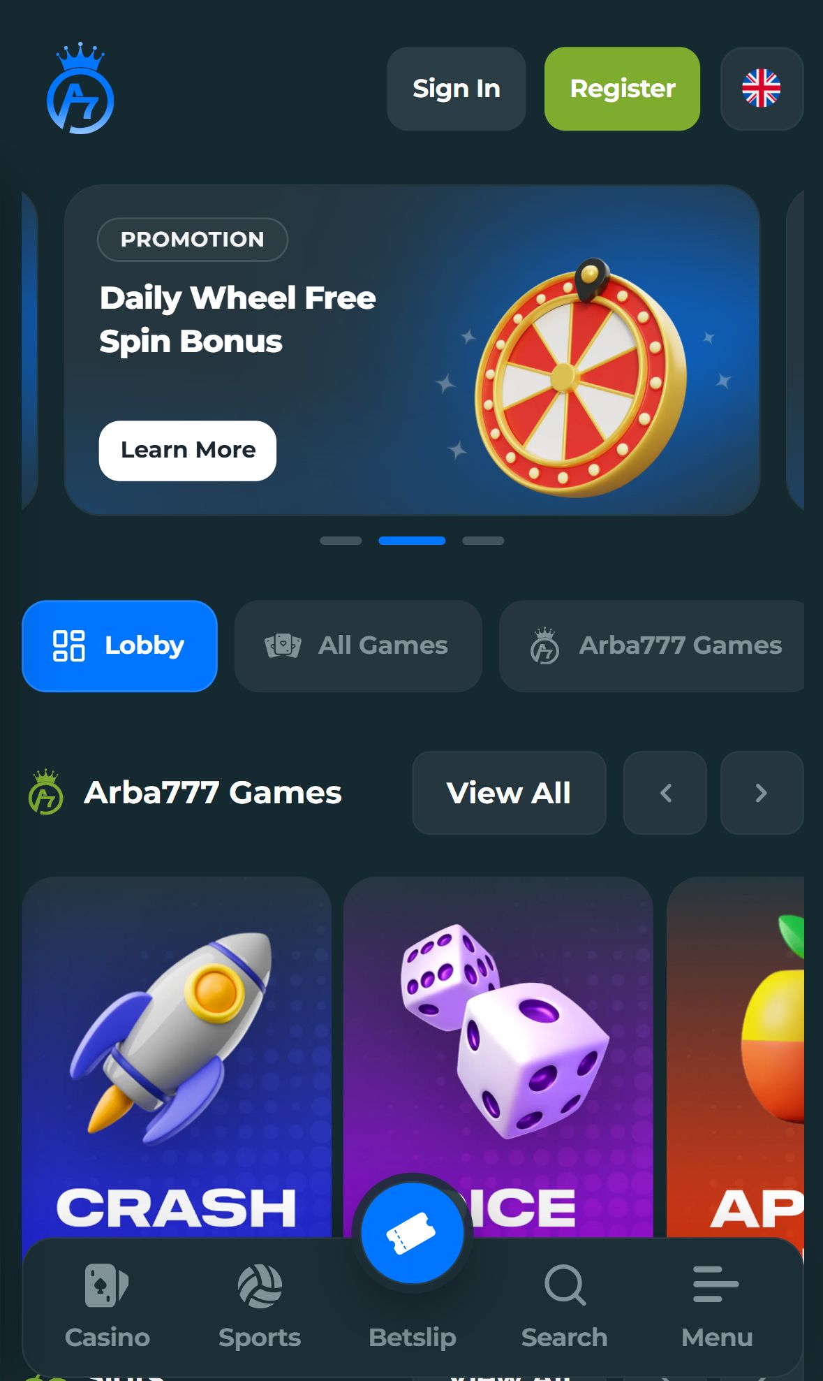 Arba777 — Lobby (Mobile)