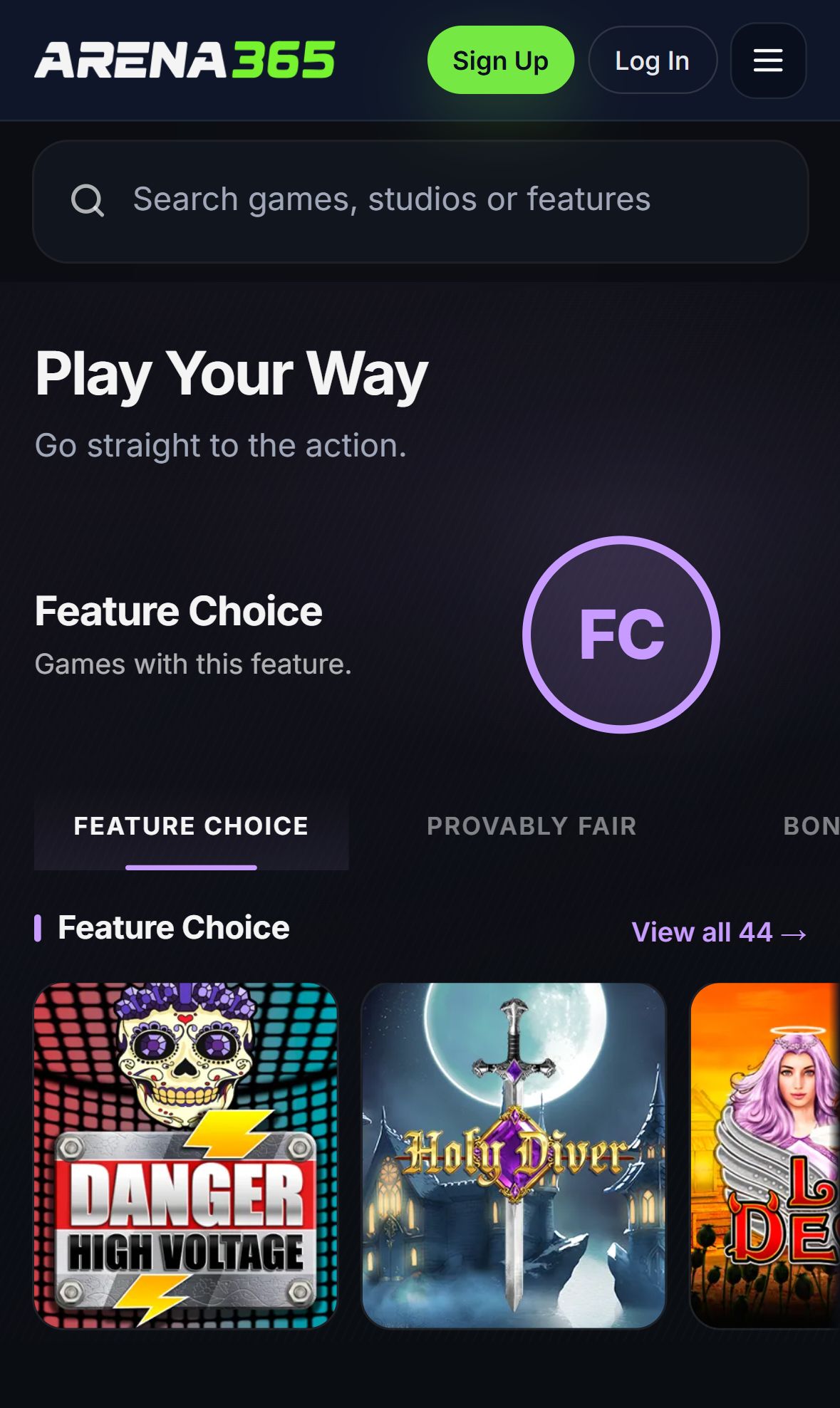 Arena365 — Lobby (Mobile)