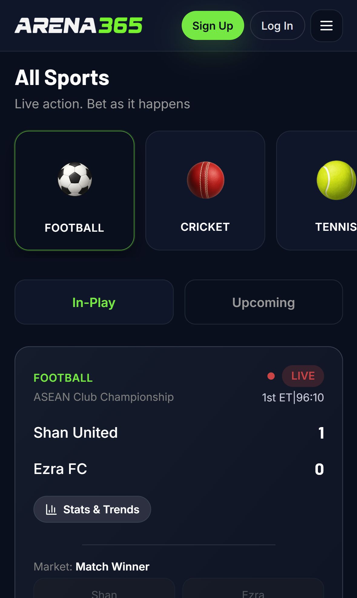 Arena365 — Homepage (Mobile)