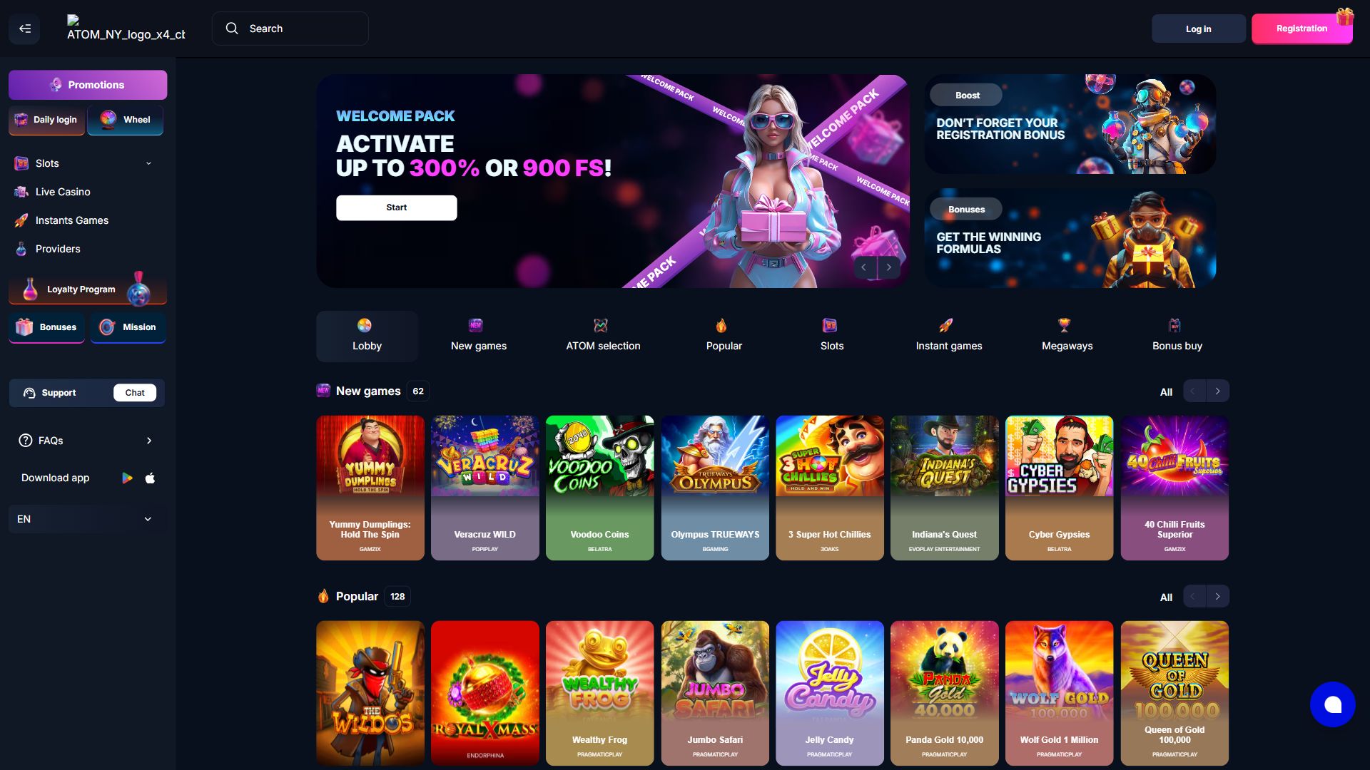 Atom Casino — Homepage (Desktop)