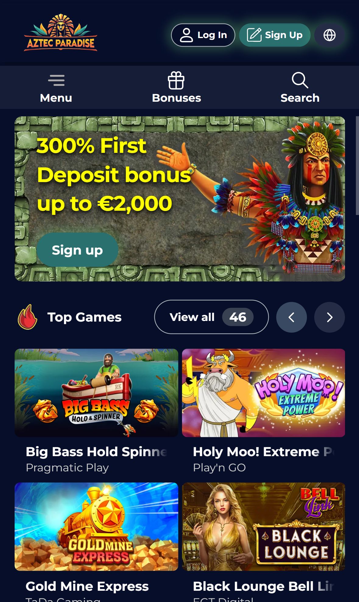Aztec Paradise — Homepage (Mobile)