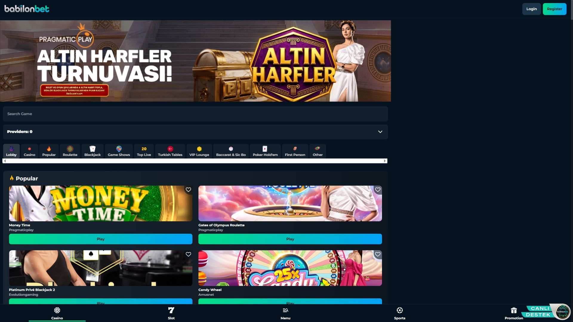 Babilonbet — Lobby (Desktop)
