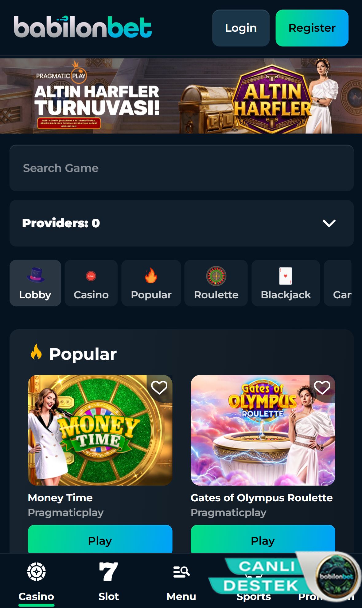 Babilonbet — Lobby (Mobile)