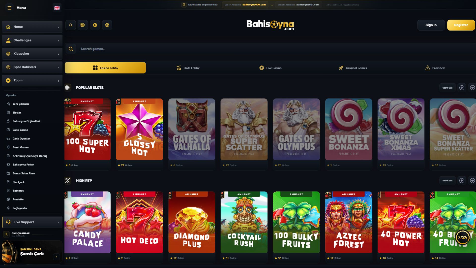 Bahisoyna — Lobby (Desktop)