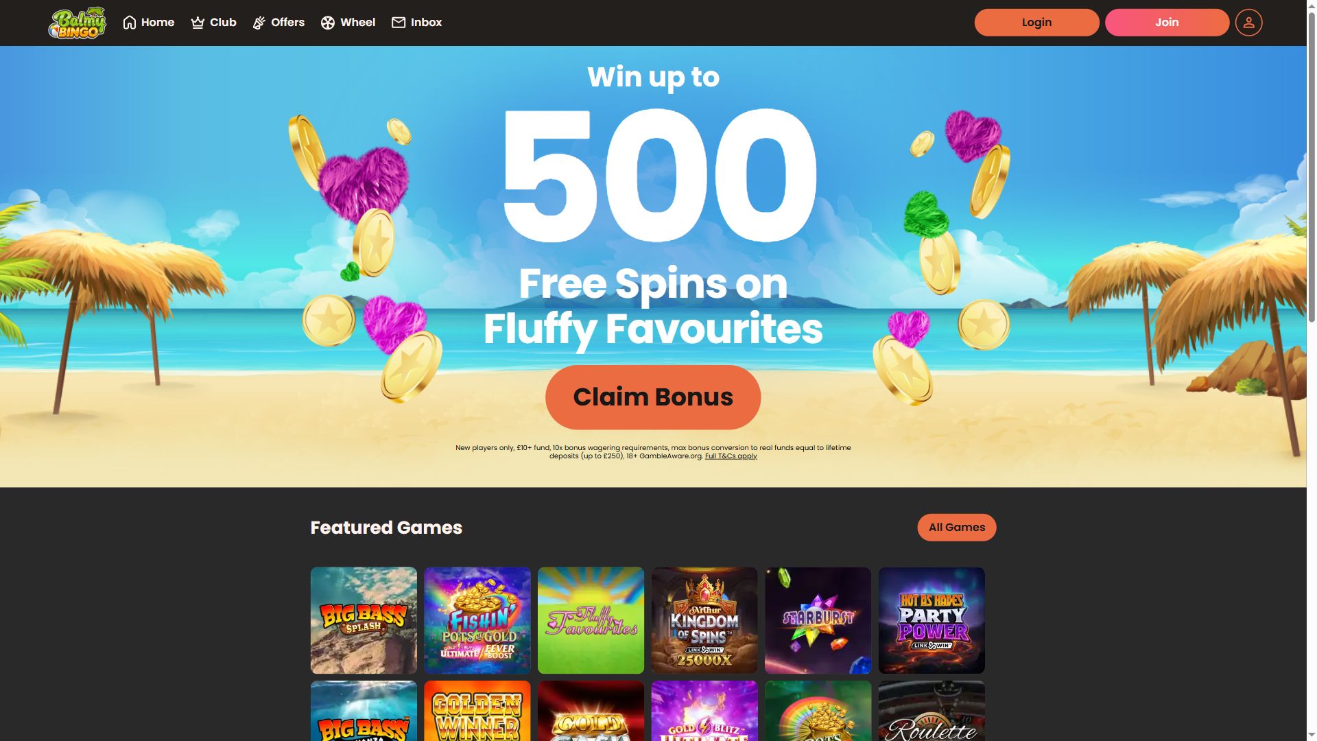 Balmy Bingo — Homepage (Desktop)