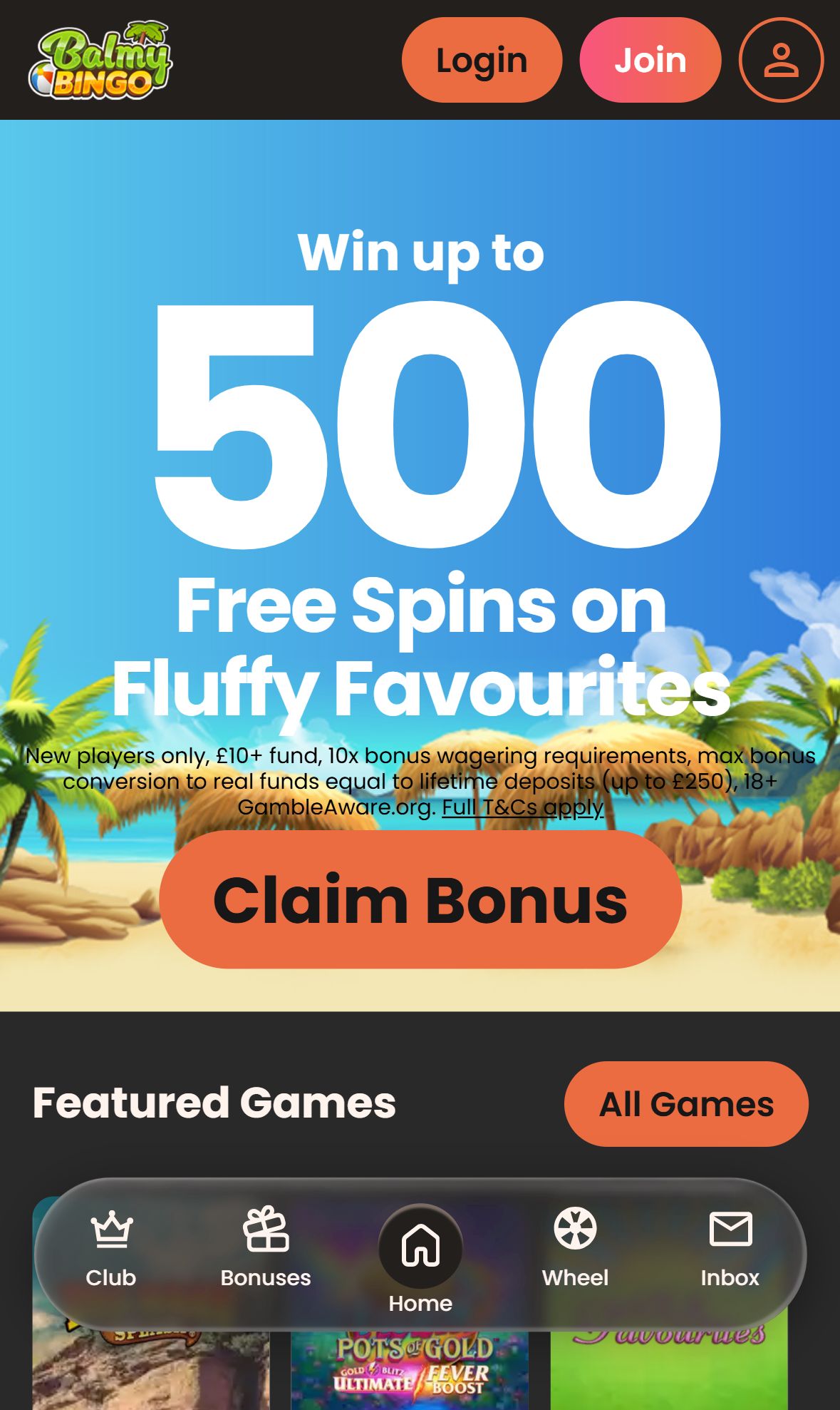 Balmy Bingo — Homepage (Mobile)