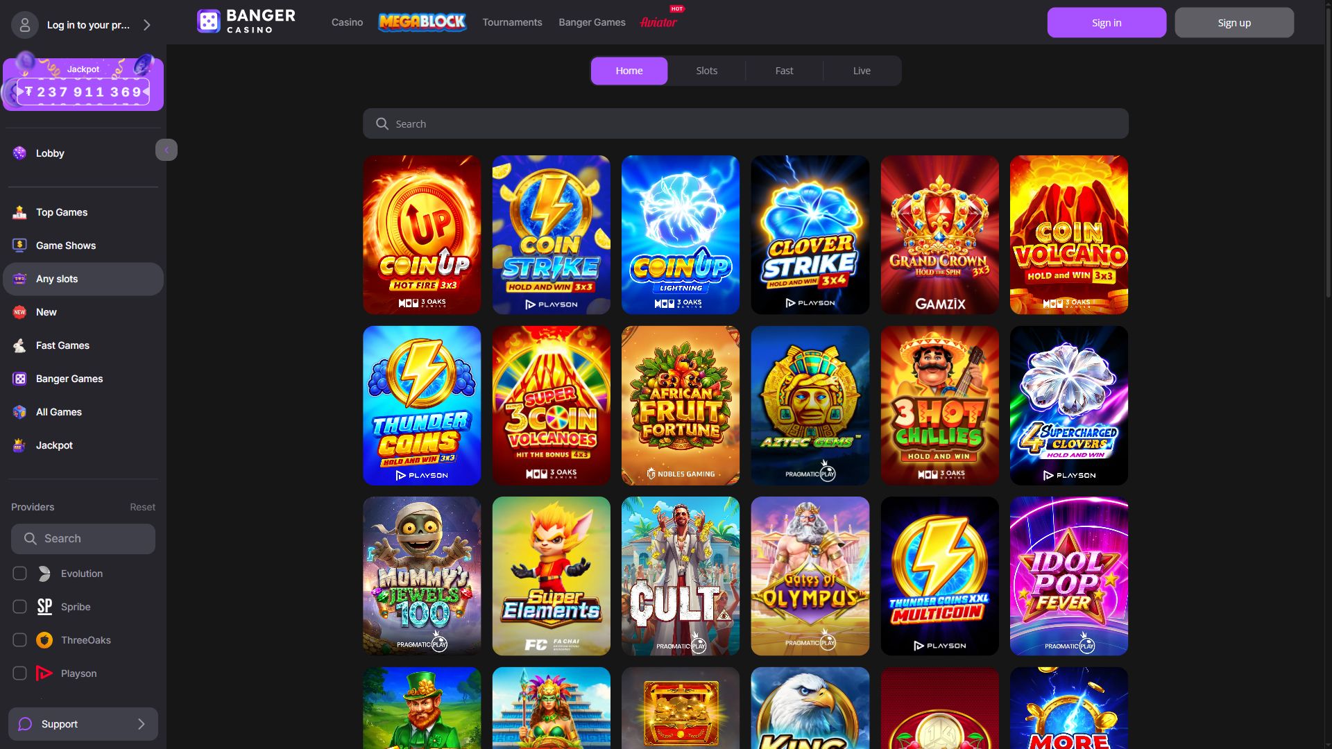 Banger Casino — Lobby (Desktop)