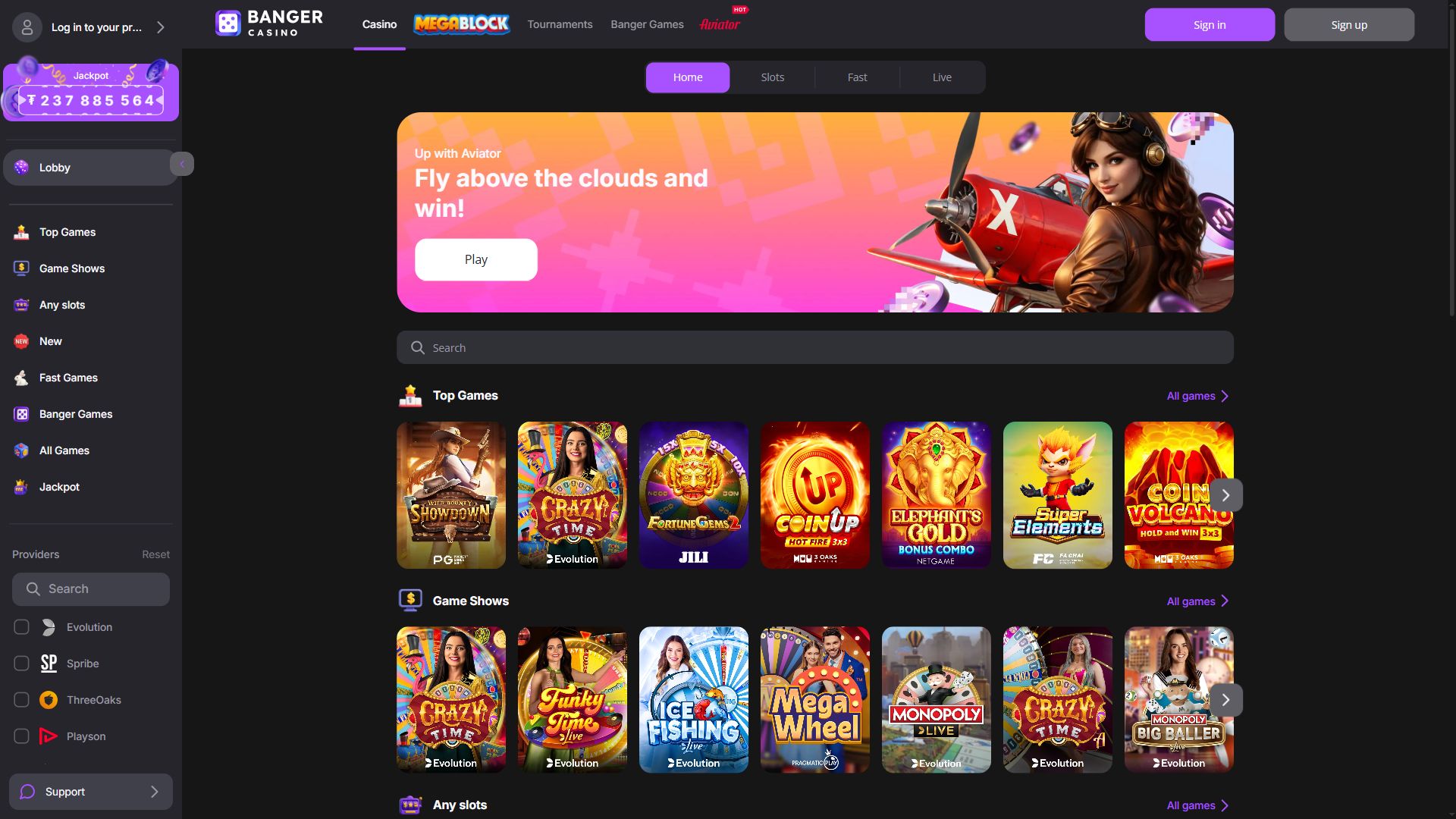 Banger Casino — Homepage (Desktop)