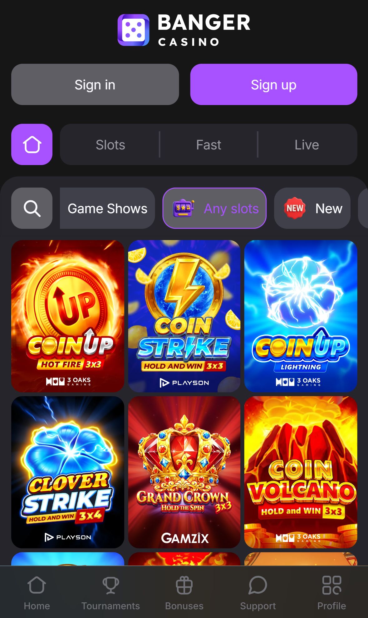 Banger Casino — Lobby (Mobile)