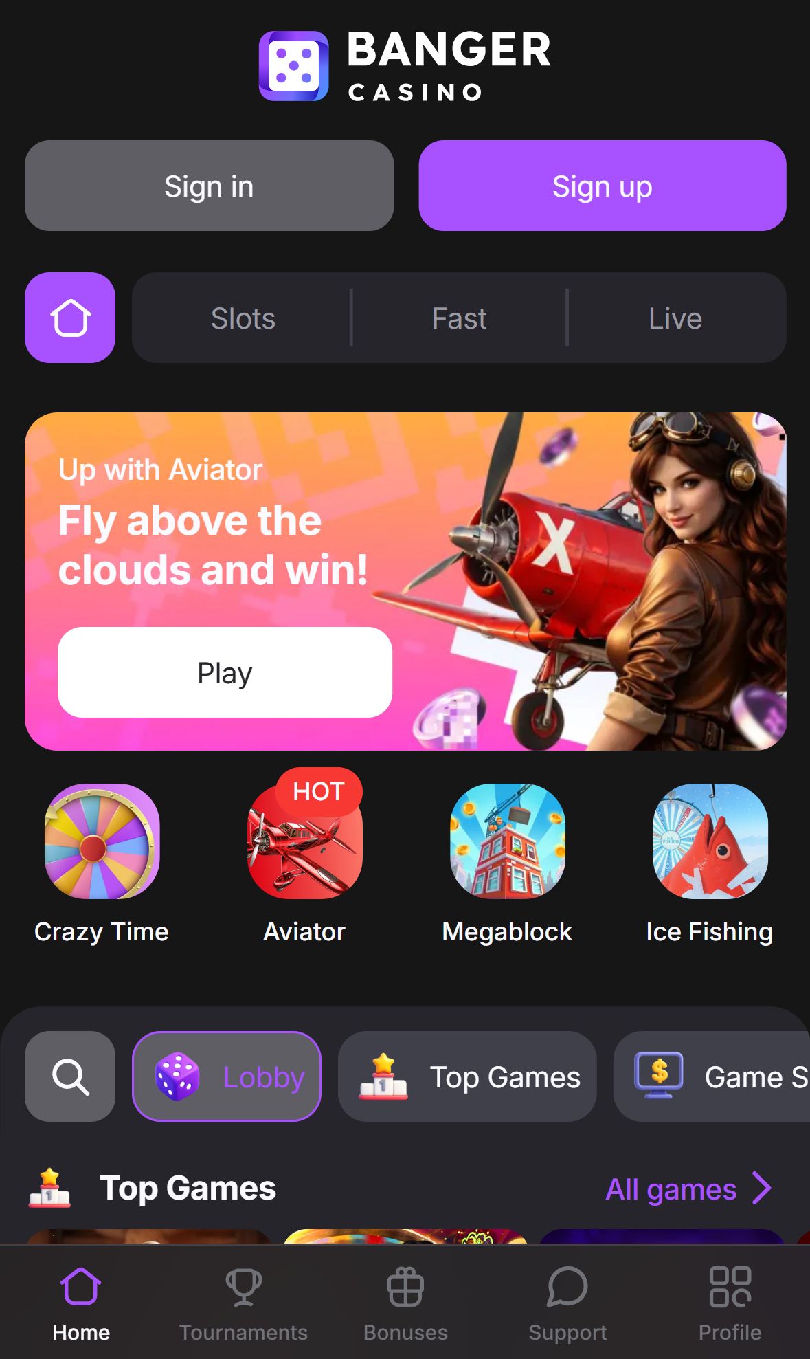 Banger Casino — Homepage (Mobile)
