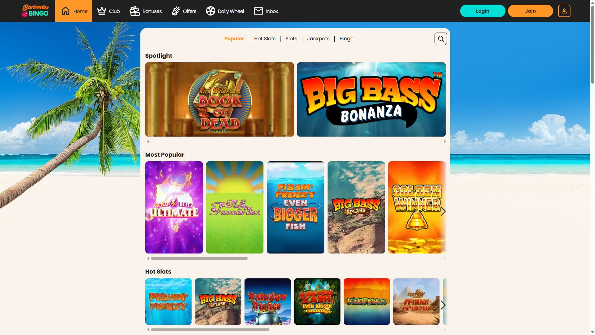 Barbados Bingo — Lobby (Desktop)