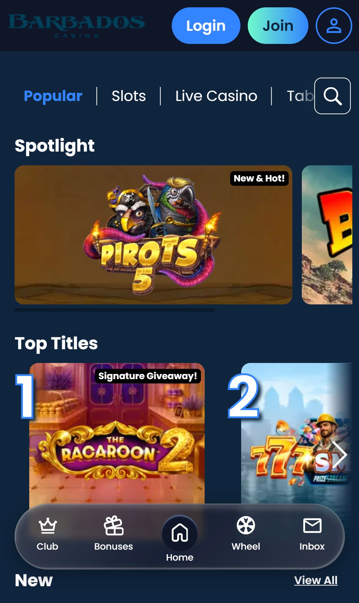 Barbados Casino — Lobby (Mobile)