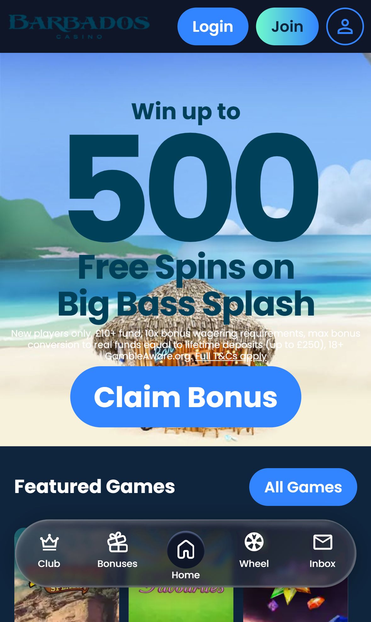Barbados Casino — Homepage (Mobile)