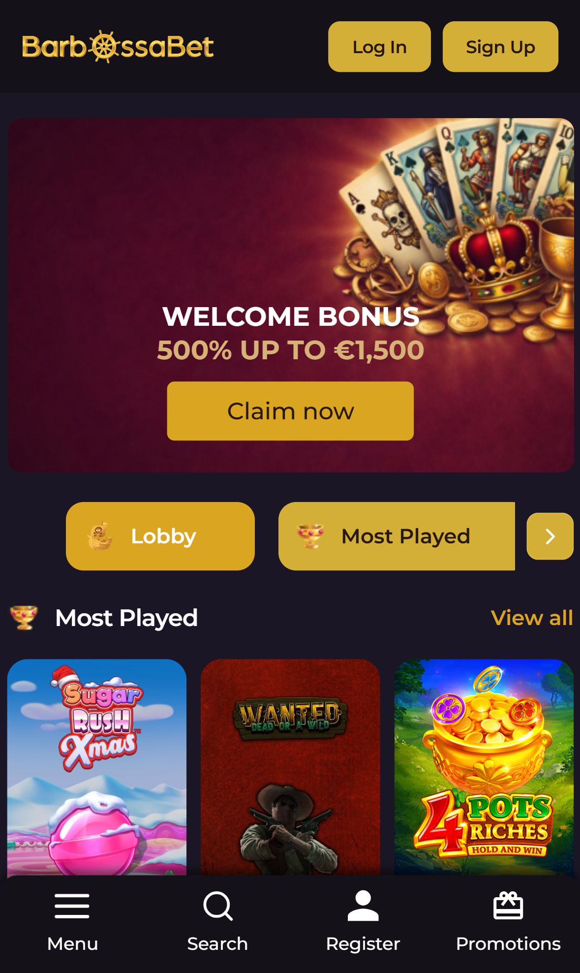 Barbossabet — Homepage (Mobile)