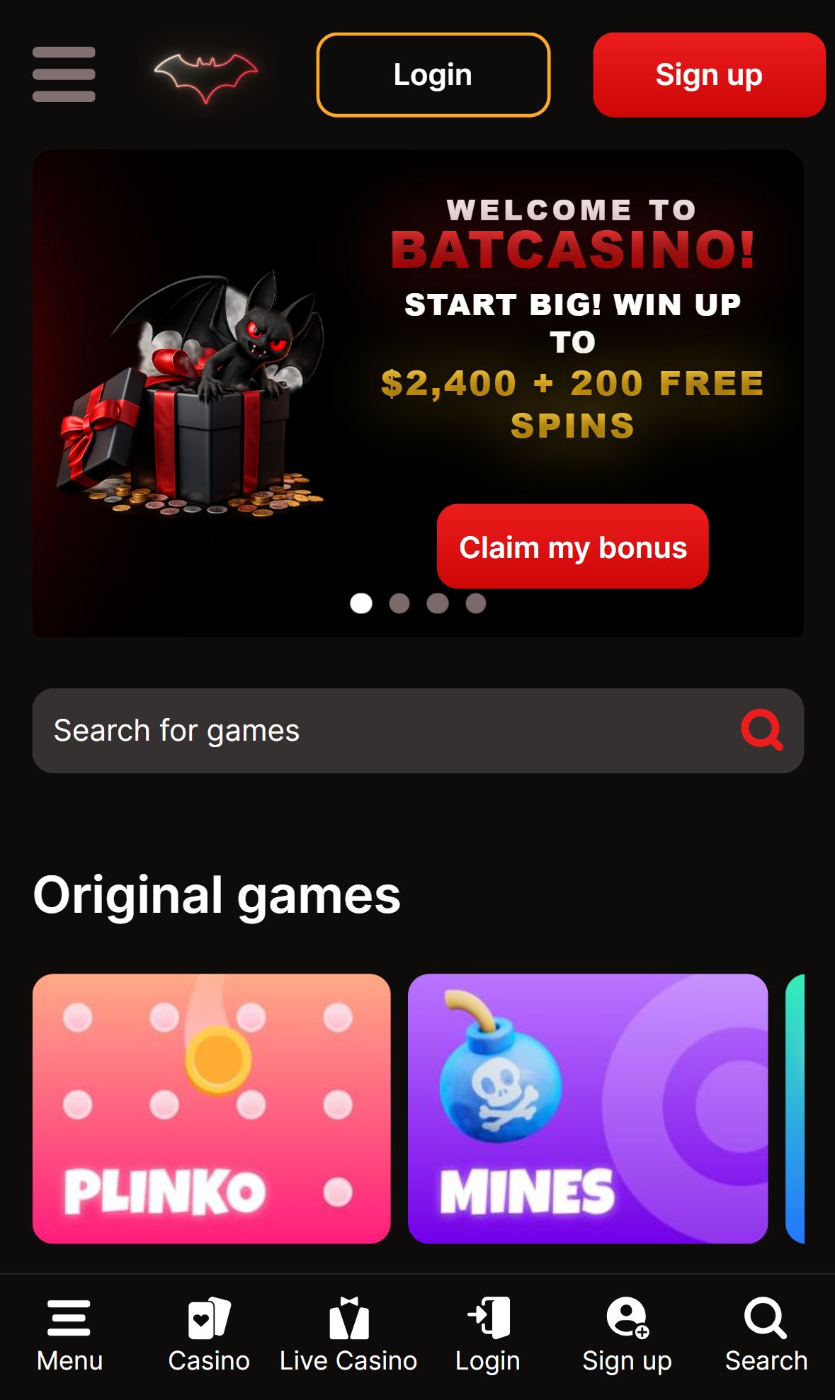 Batcasino — Homepage (Mobile)