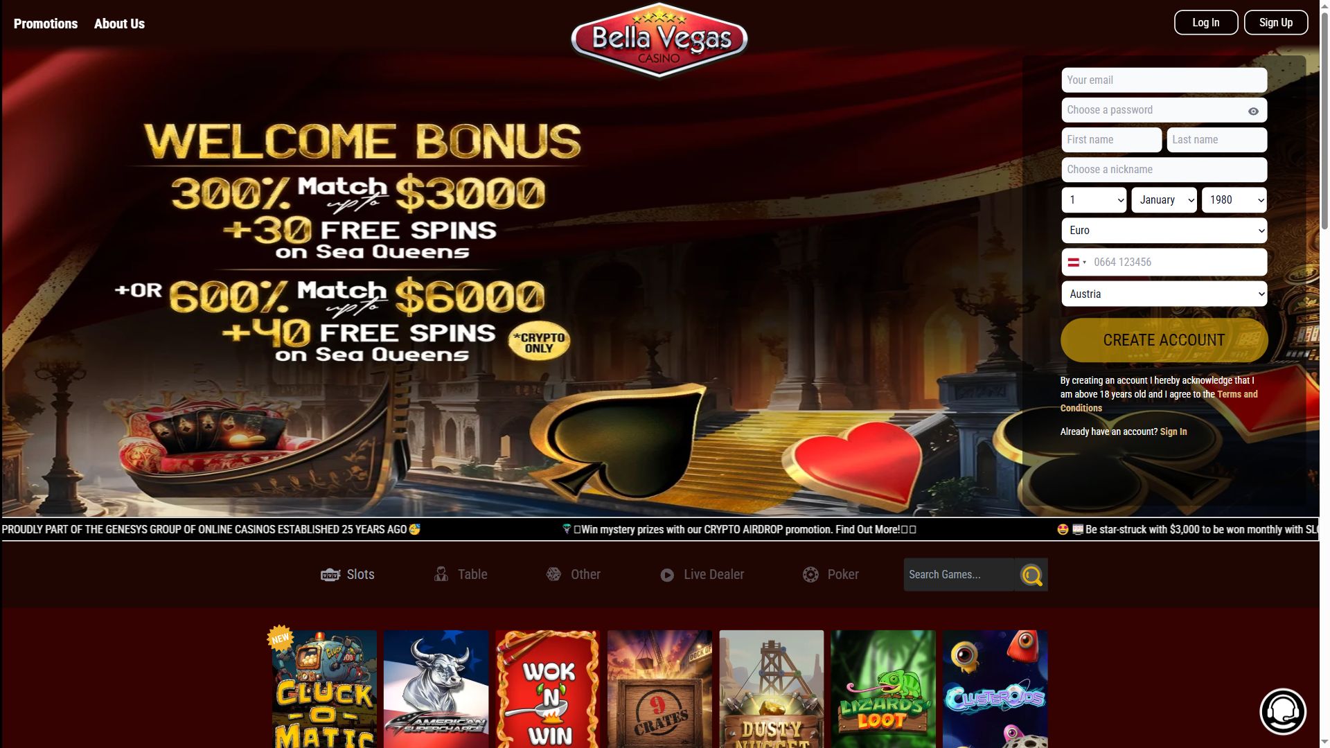 Bella Vegas — Homepage (Desktop)