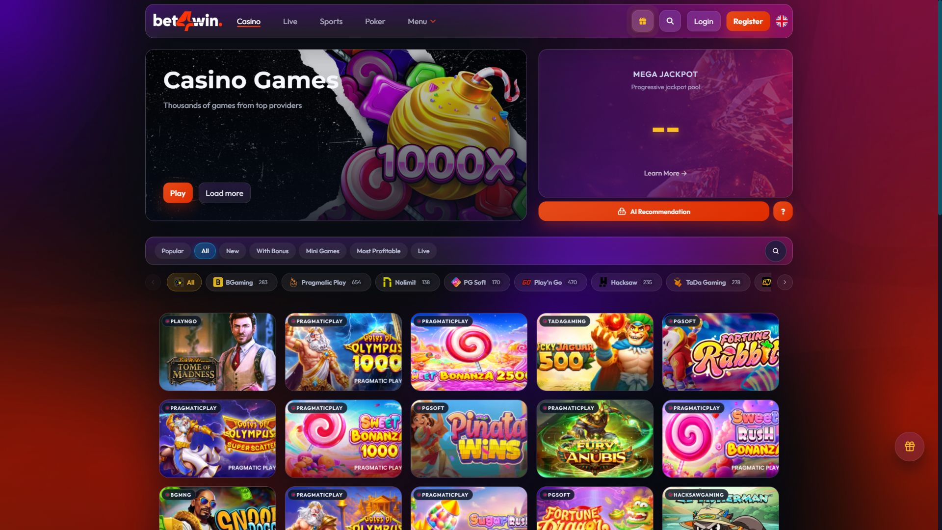 Bet 4Win — Lobby (Desktop)
