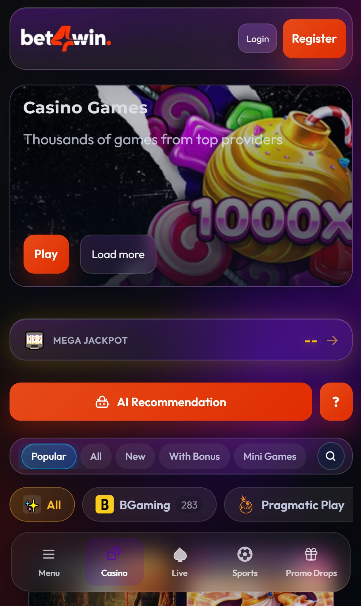 Bet 4Win — Lobby (Mobile)