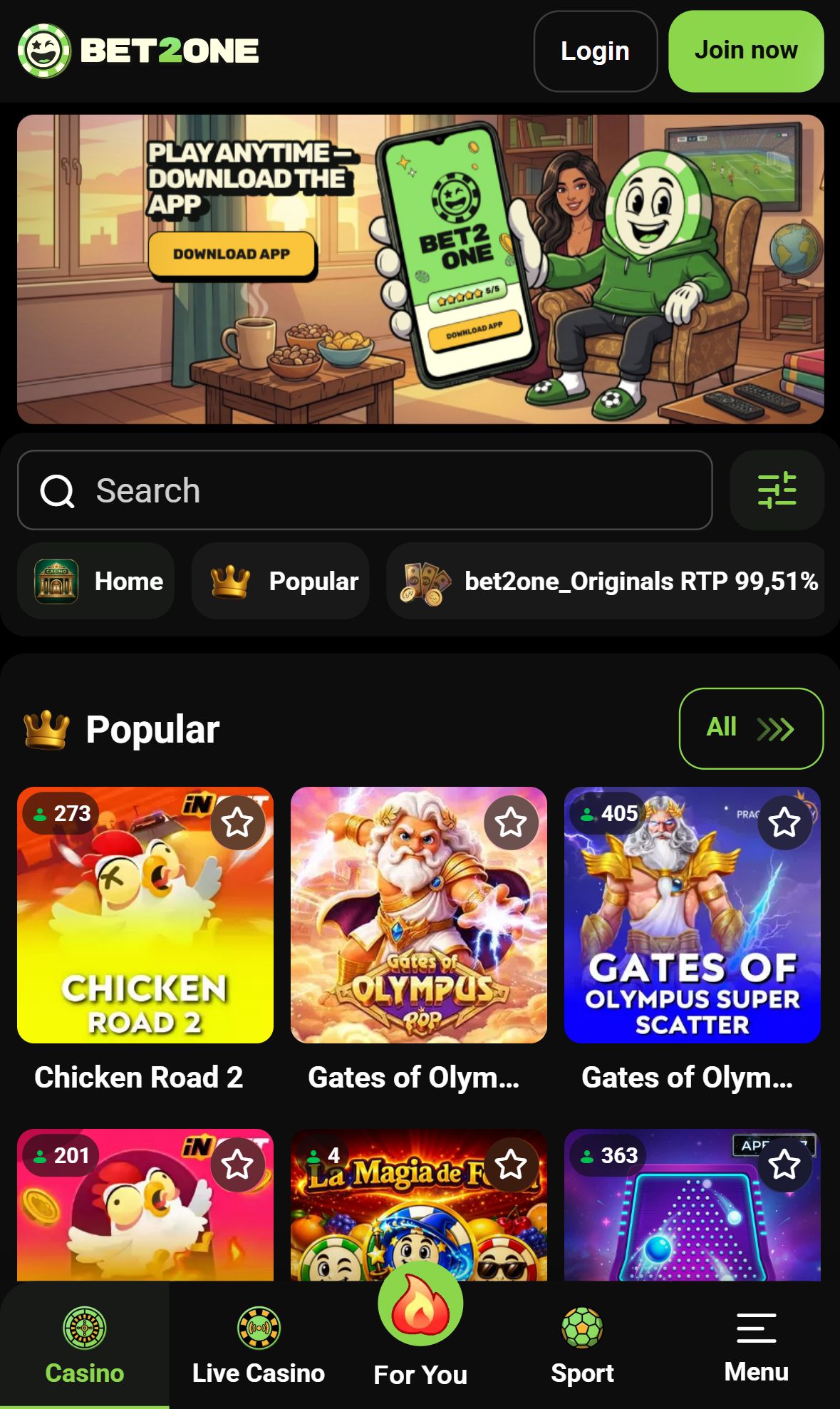 Bet2One — Lobby (Mobile)