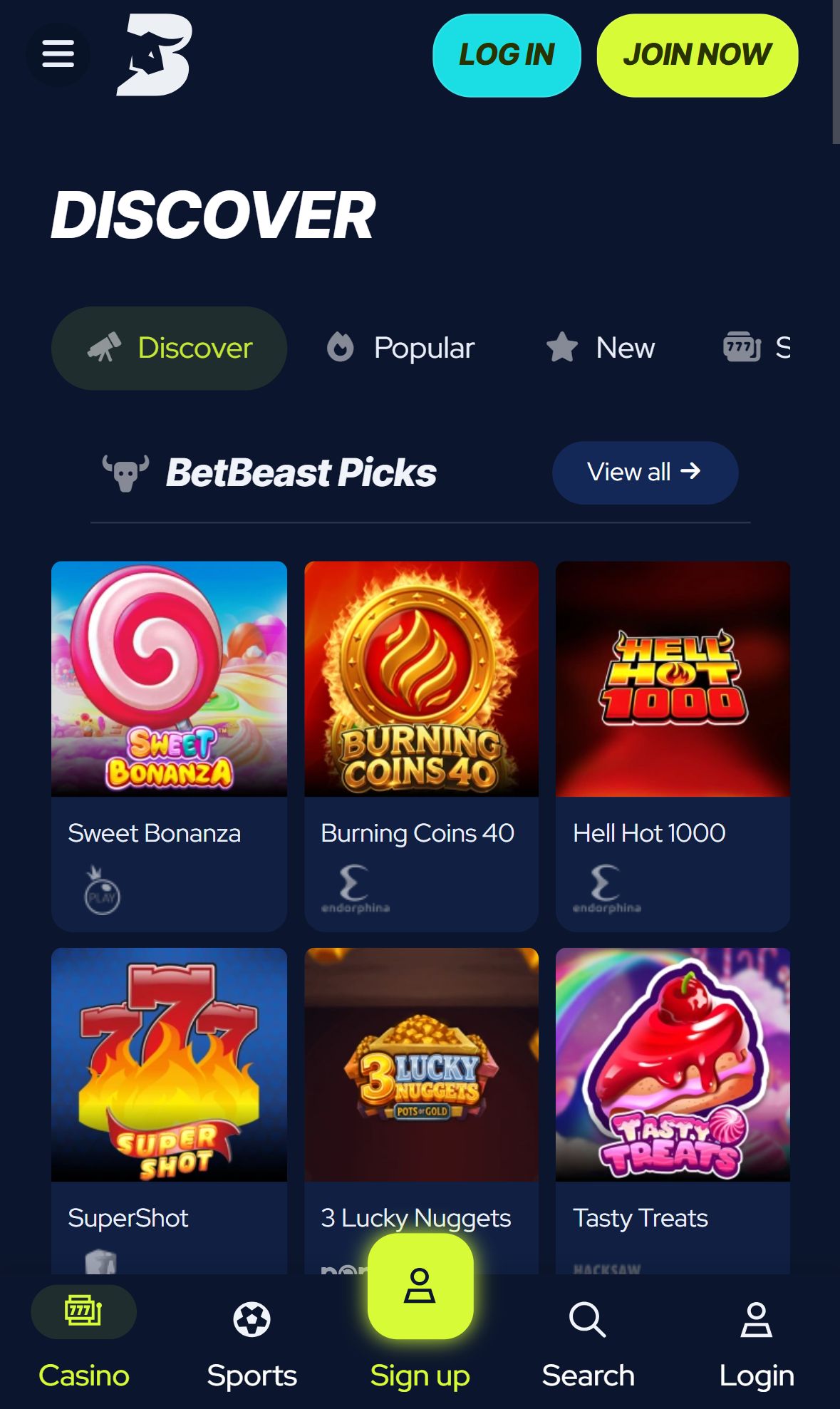 BetBeast — Lobby (Mobil)