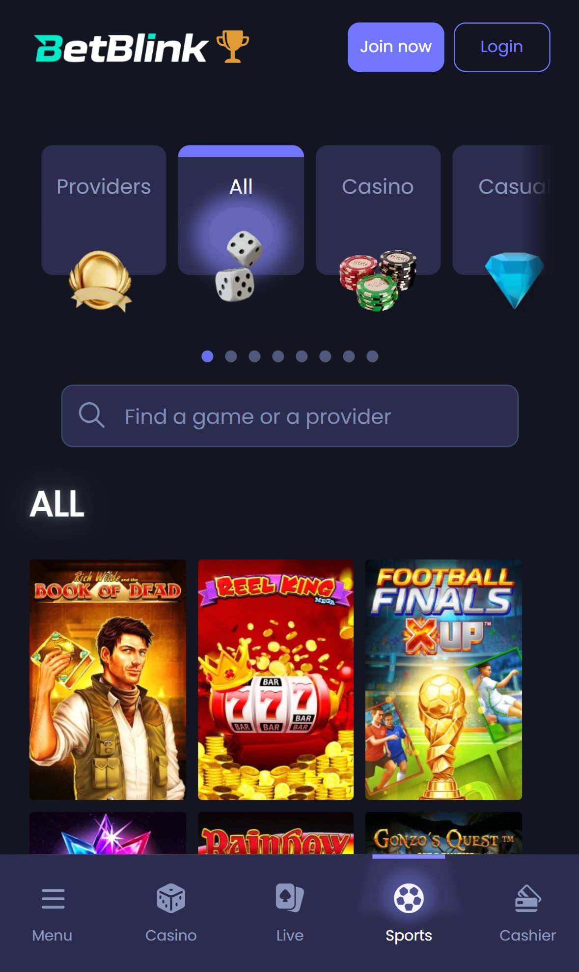 BetBlink — Lobby (Mobile)