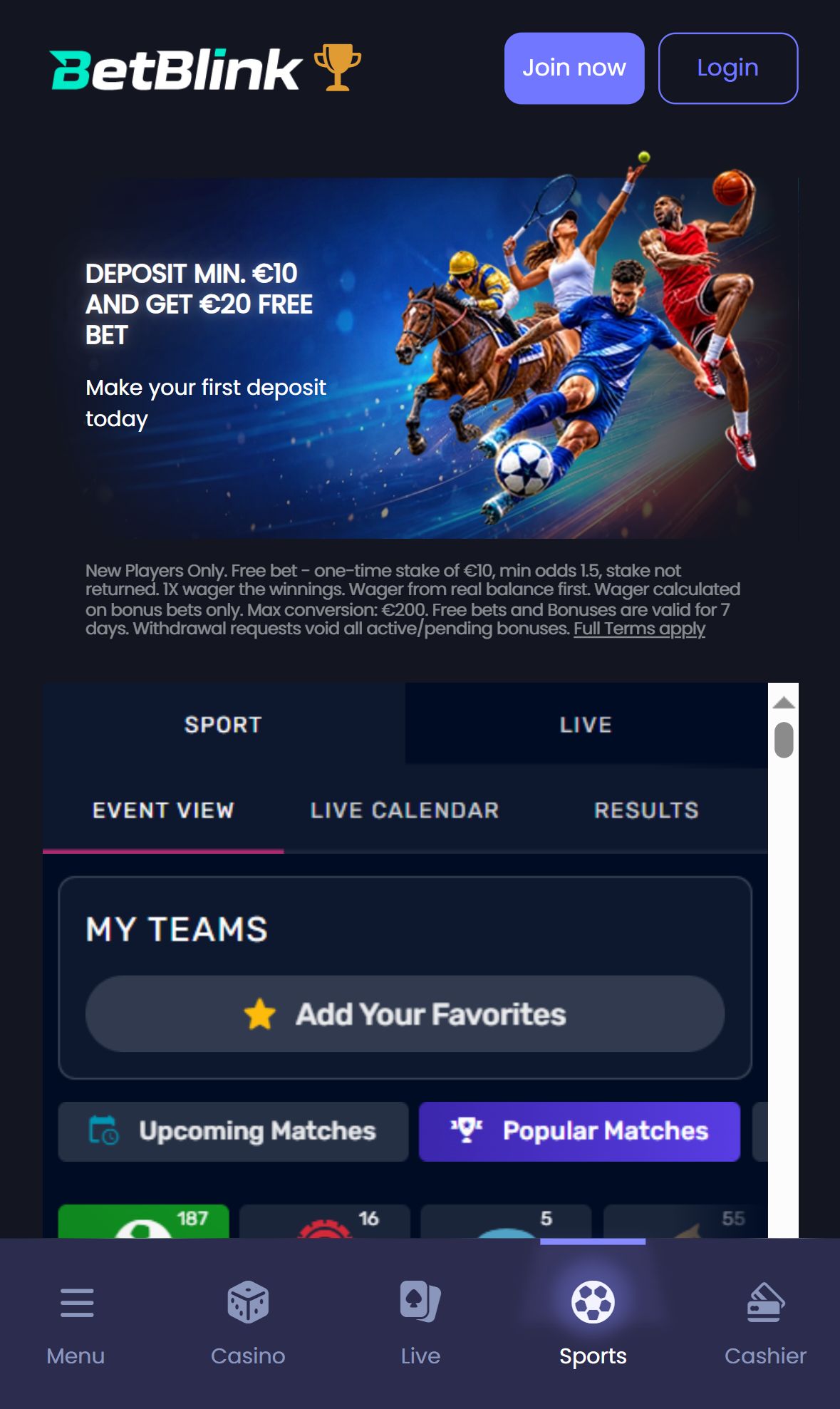 BetBlink — Homepage (Mobile)