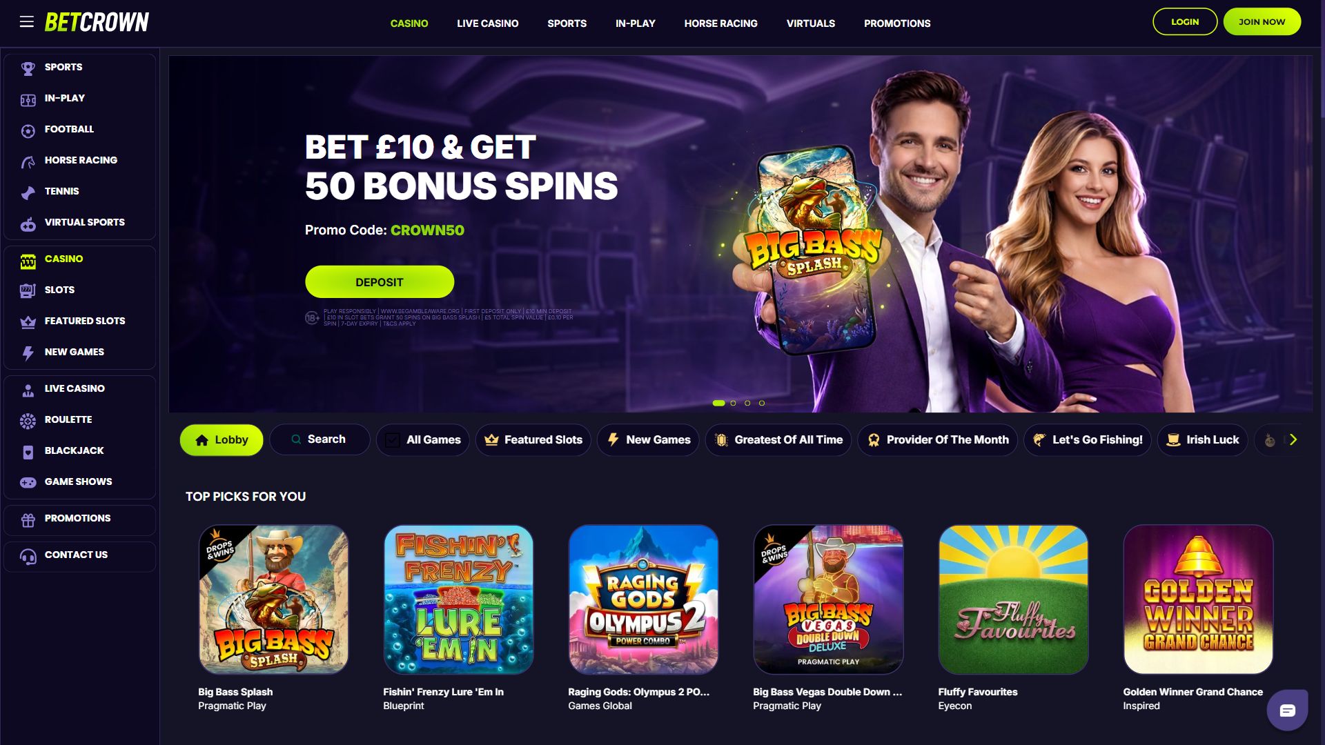 Betcrown — Lobby (Desktop)