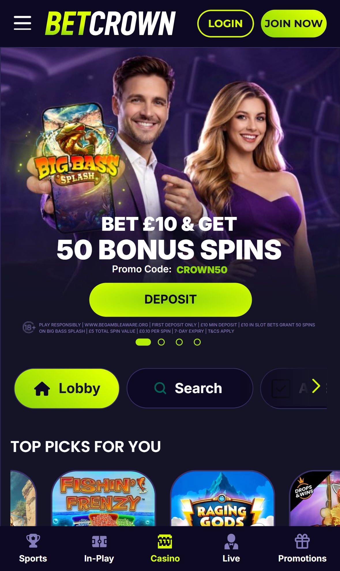 Betcrown — Lobby (Mobile)
