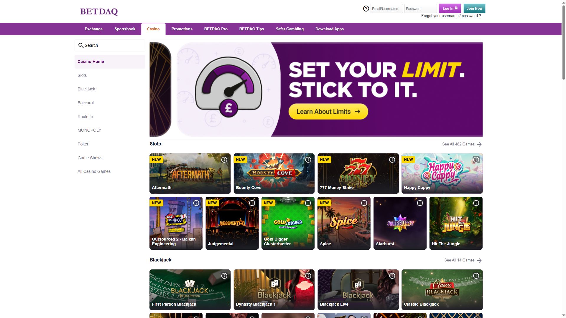 Betdaq — Lobby (Desktop)