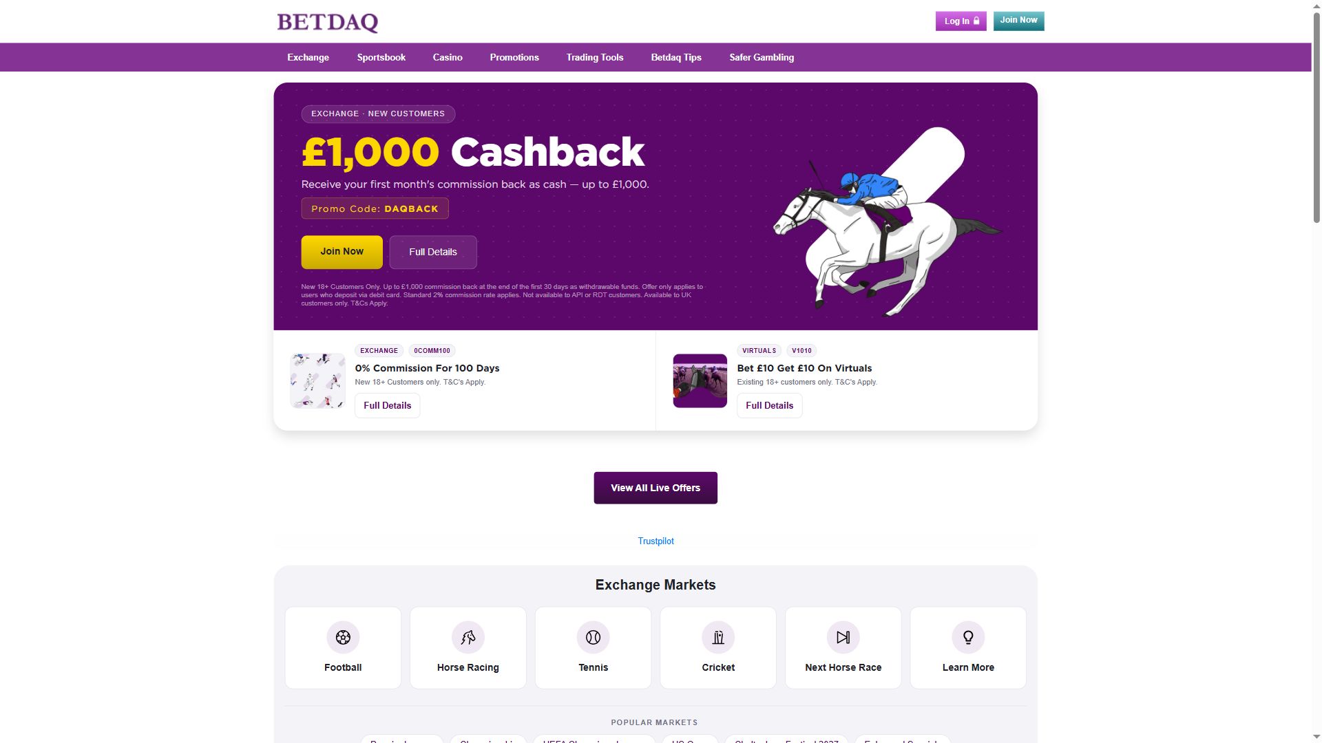 Betdaq — Homepage (Desktop)