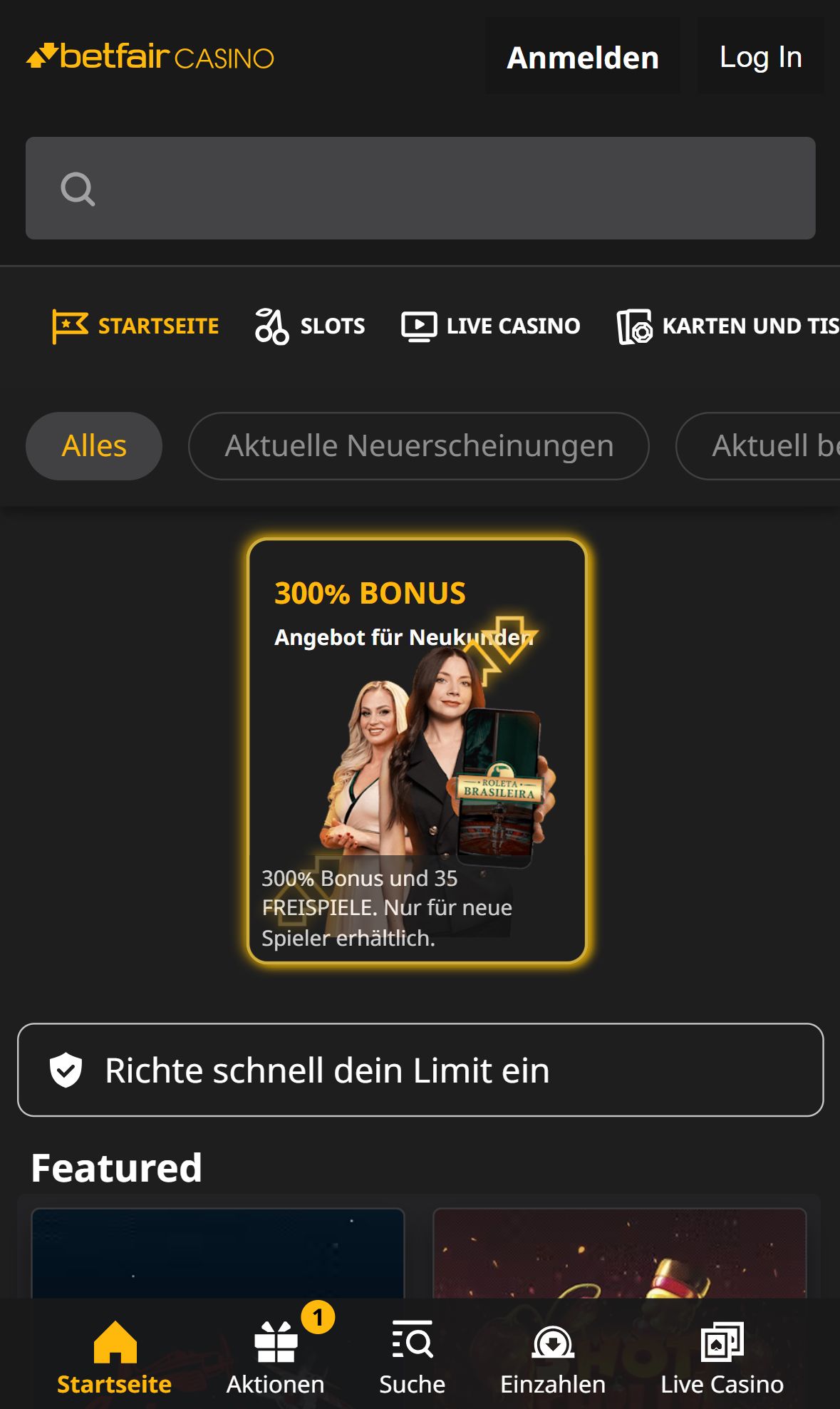 Betfair — Startseite (Mobil)