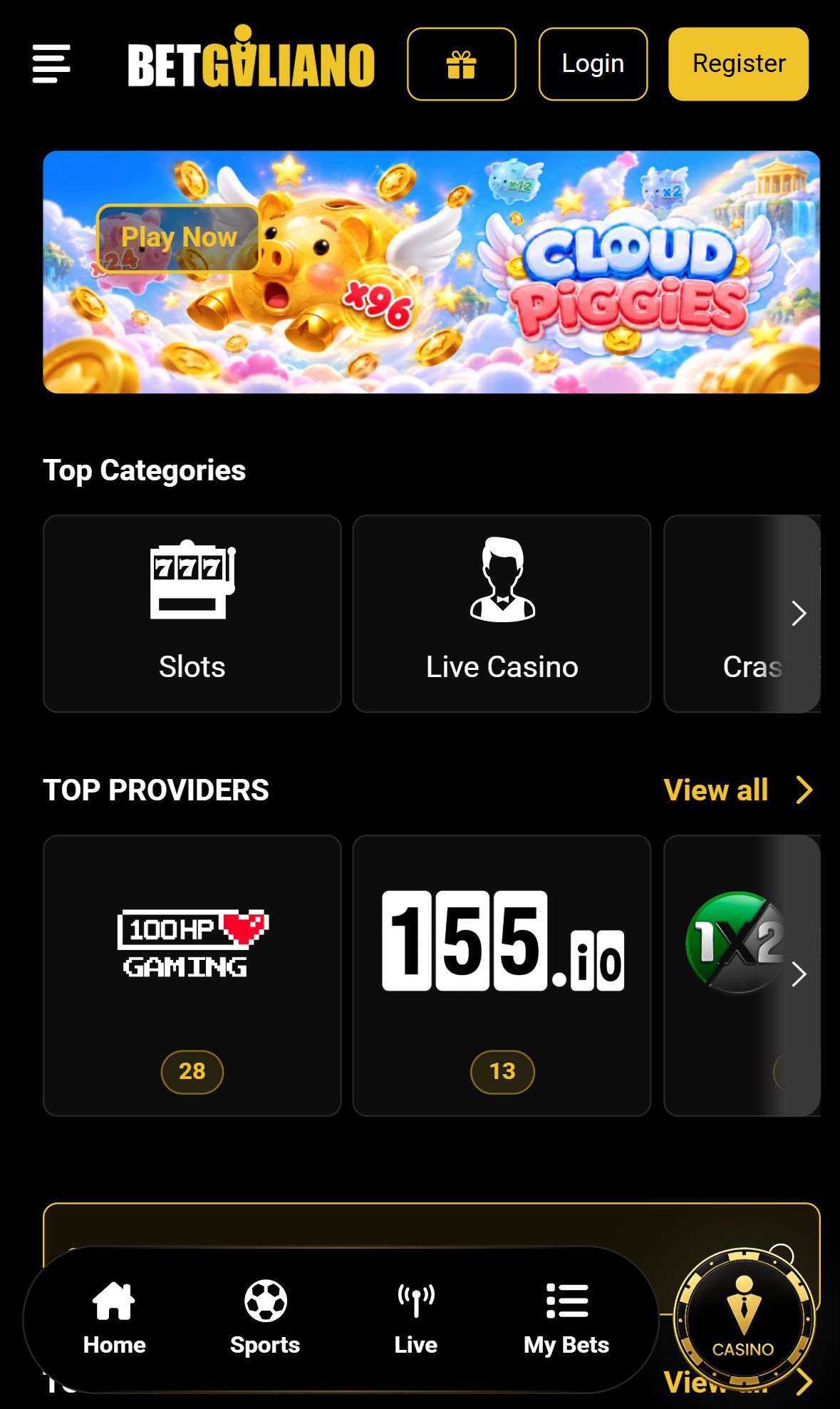Betgaliano — Lobby (Mobile)