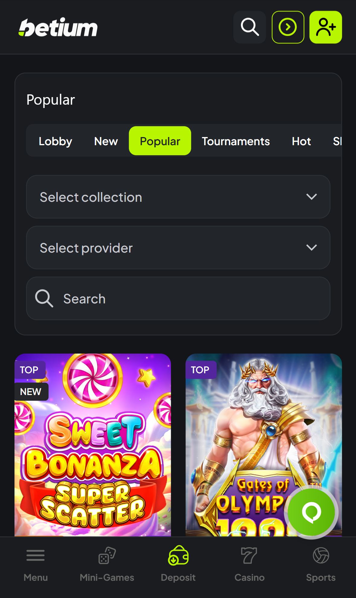 Betium — Lobby (Mobile)