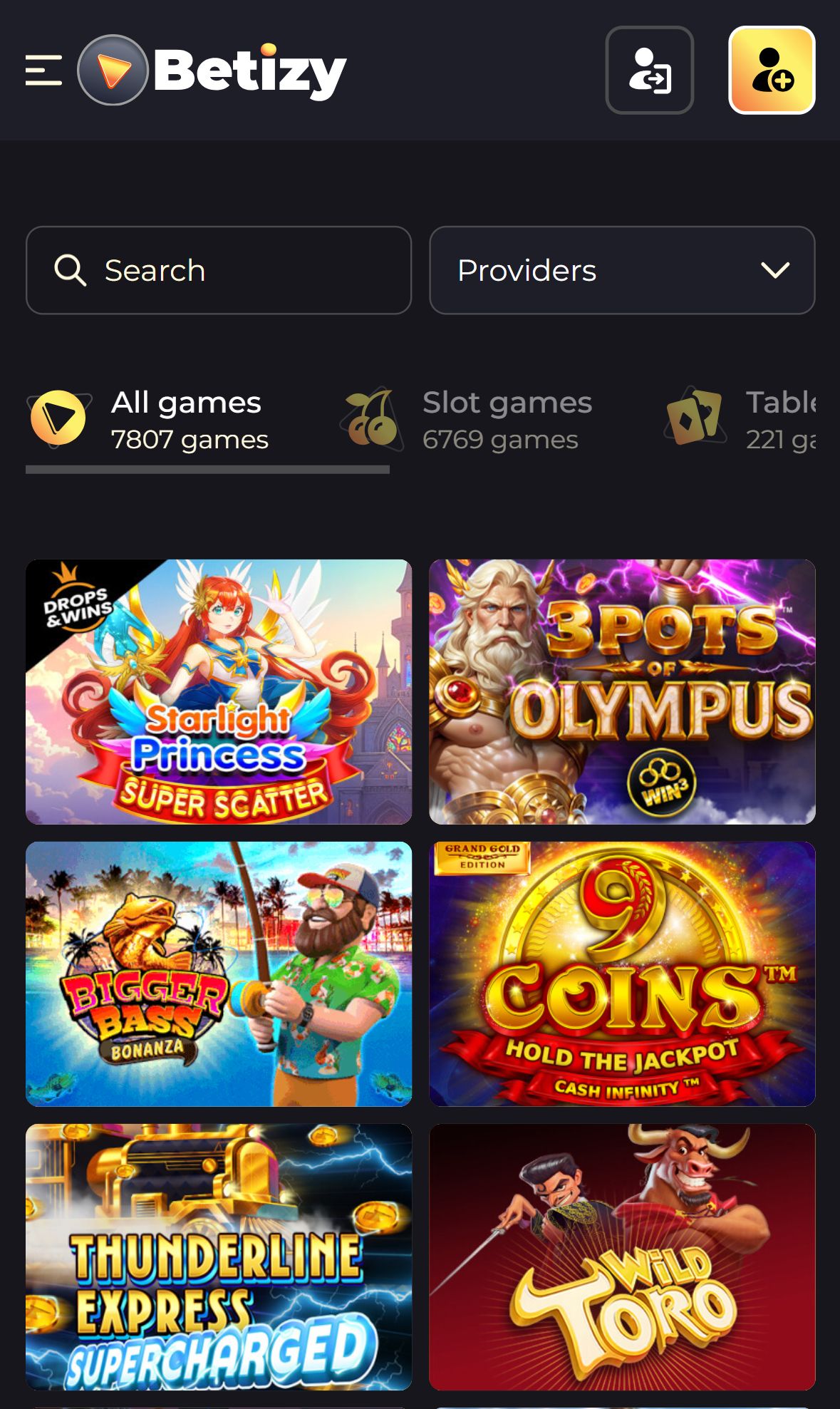 Betizy — Lobby (Mobile)