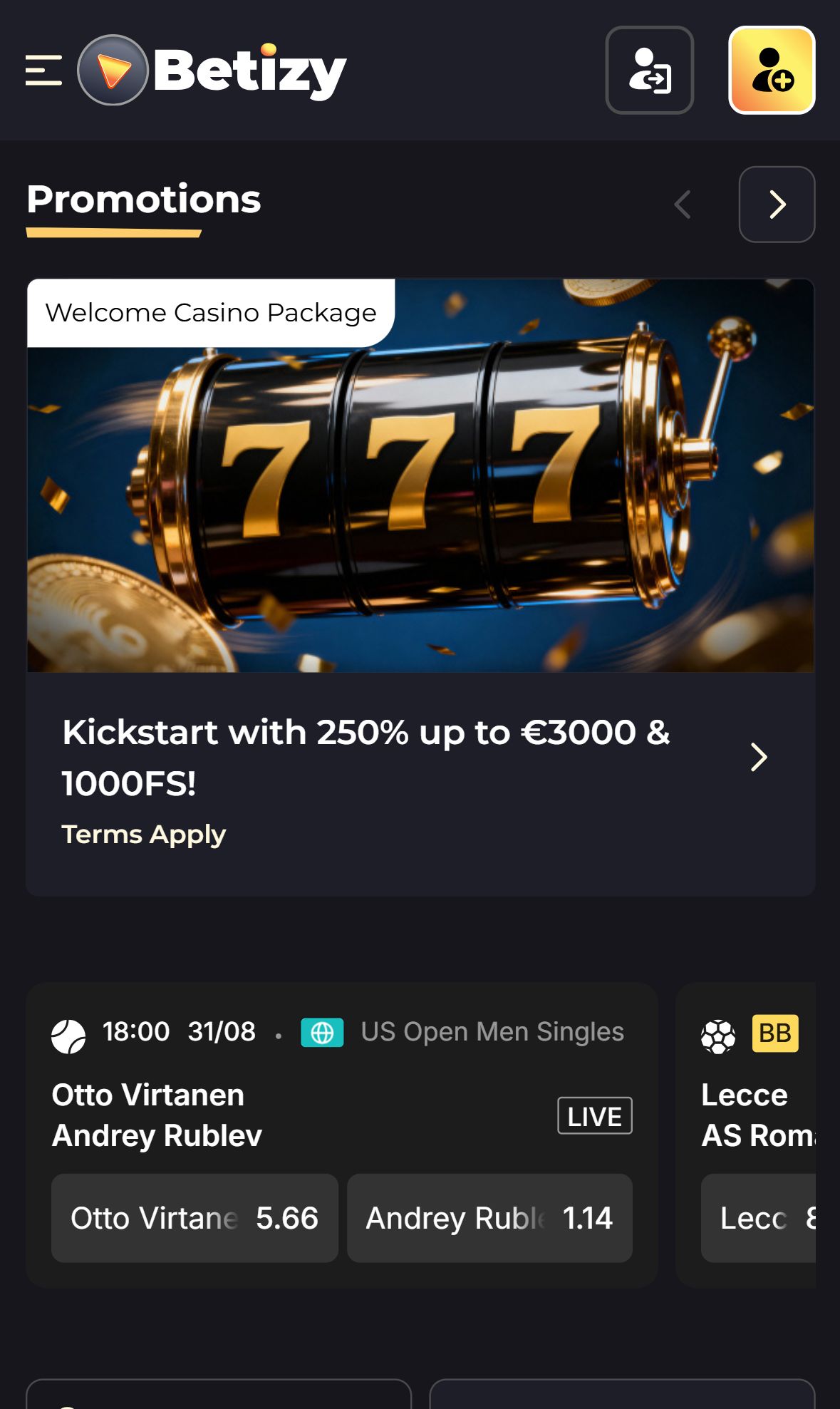 Betizy — Homepage (Mobile)