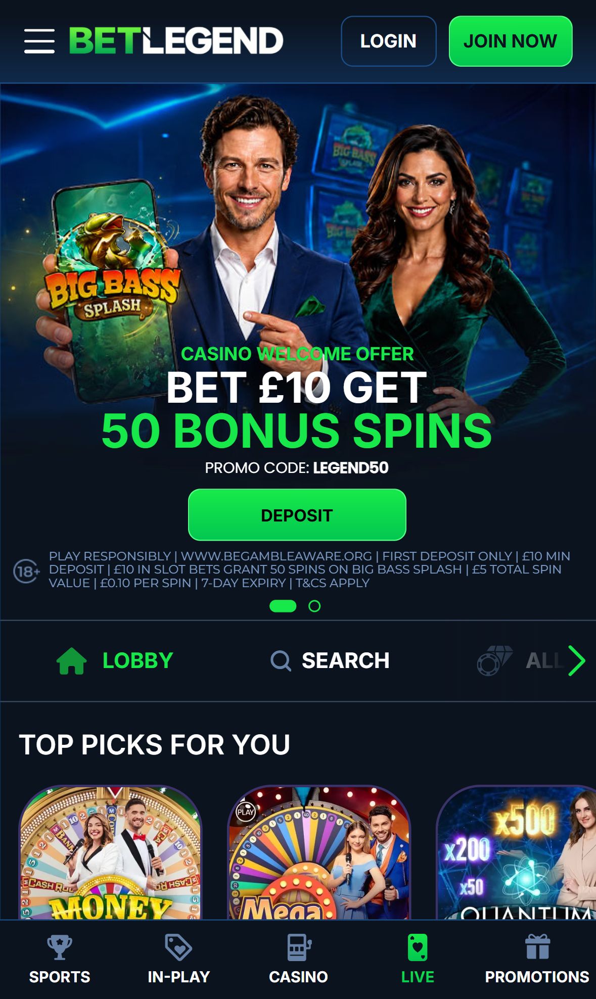 Betlegend — Lobby (Mobile)
