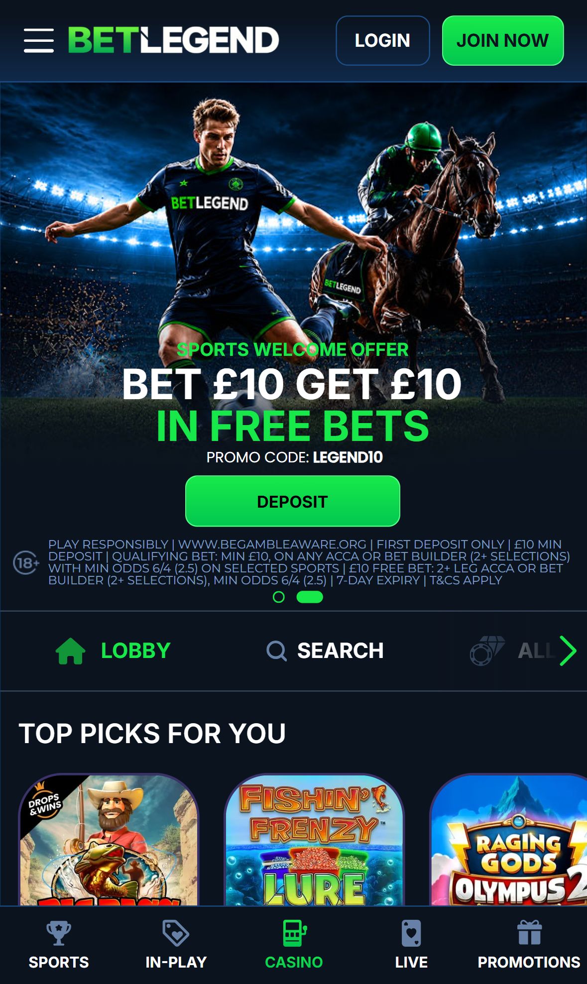 Betlegend — Homepage (Mobile)