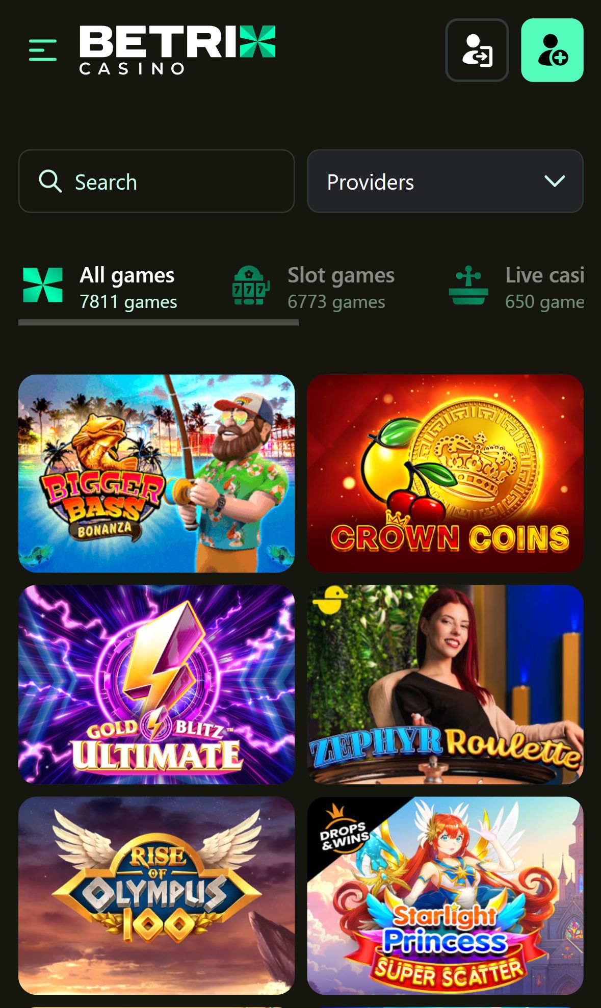 Betrix Casino — Lobby (Mobile)