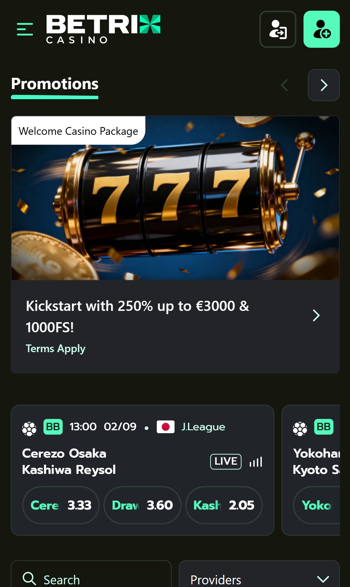 Betrix Casino — Homepage (Mobile)
