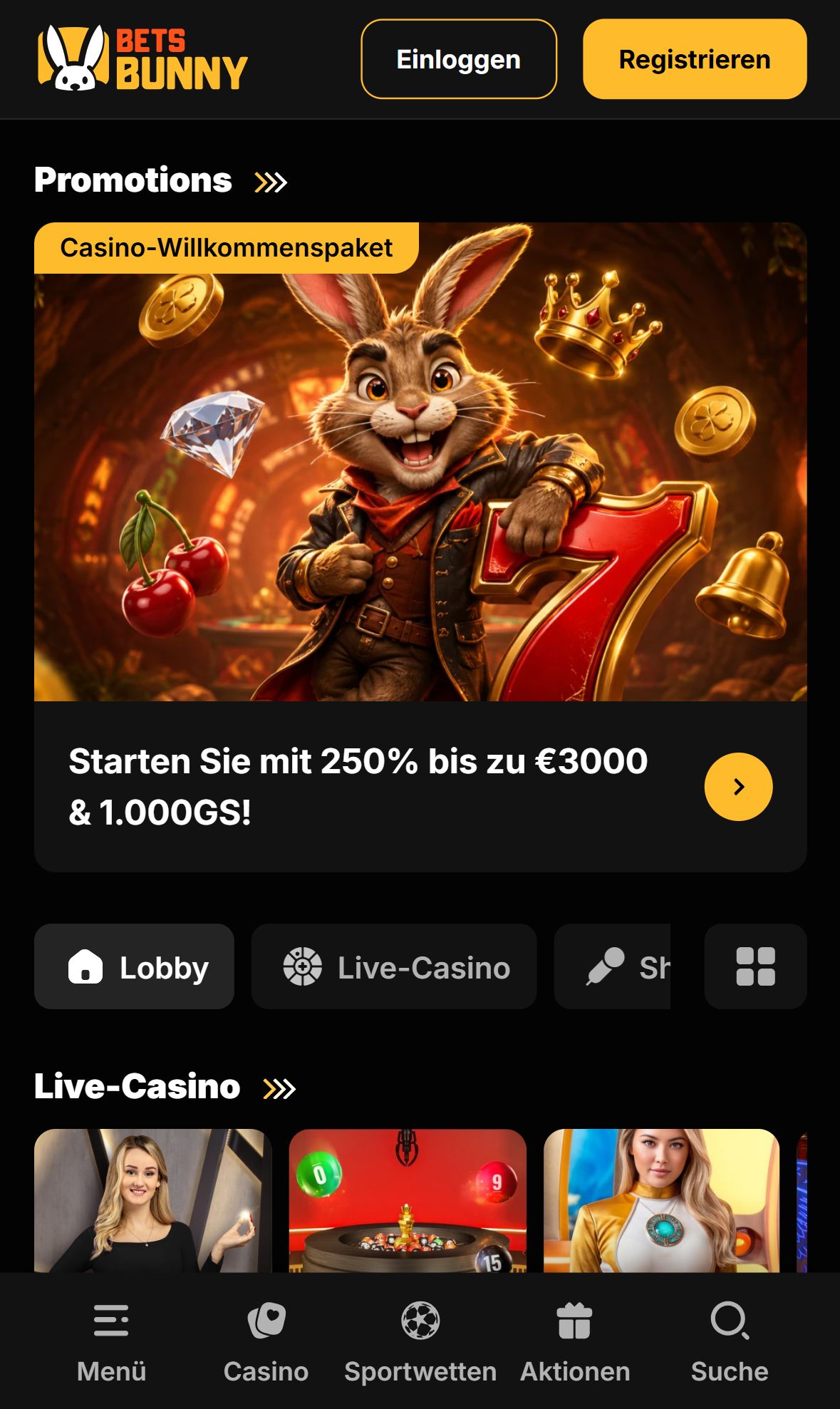Bets Bunny — Lobby (Mobil)