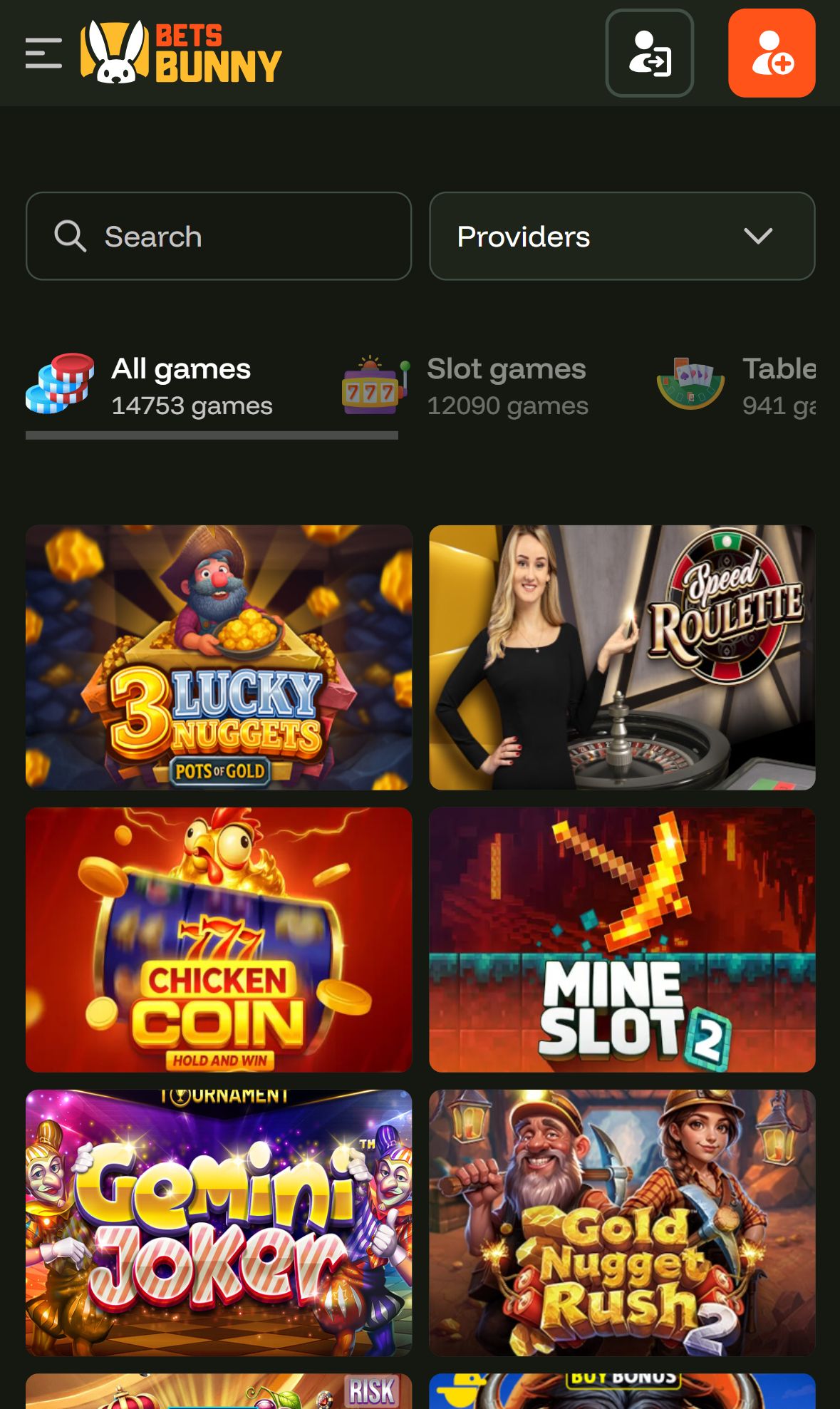 Bets Bunny — Lobby (Mobile)