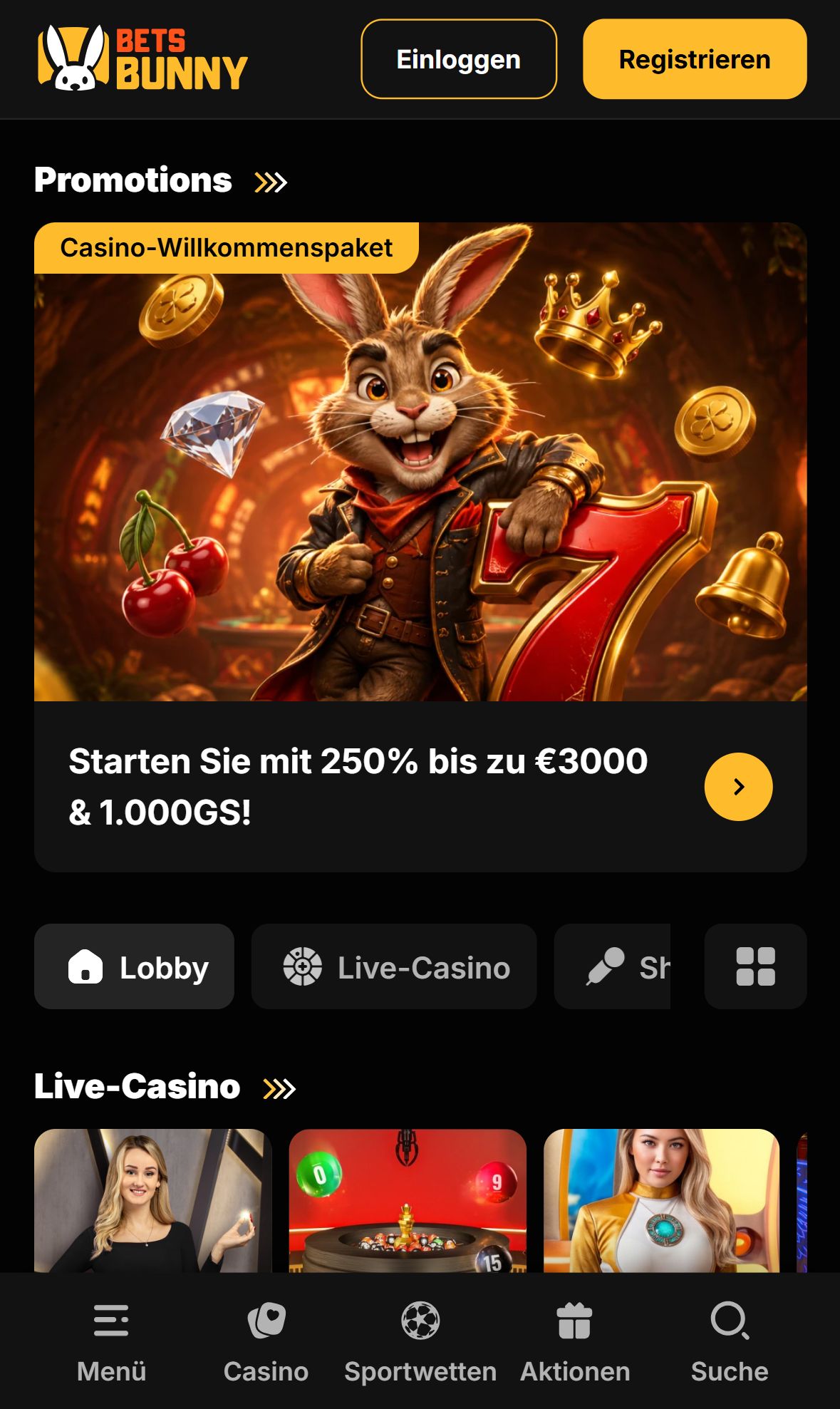 Bets Bunny — Startseite (Mobil)