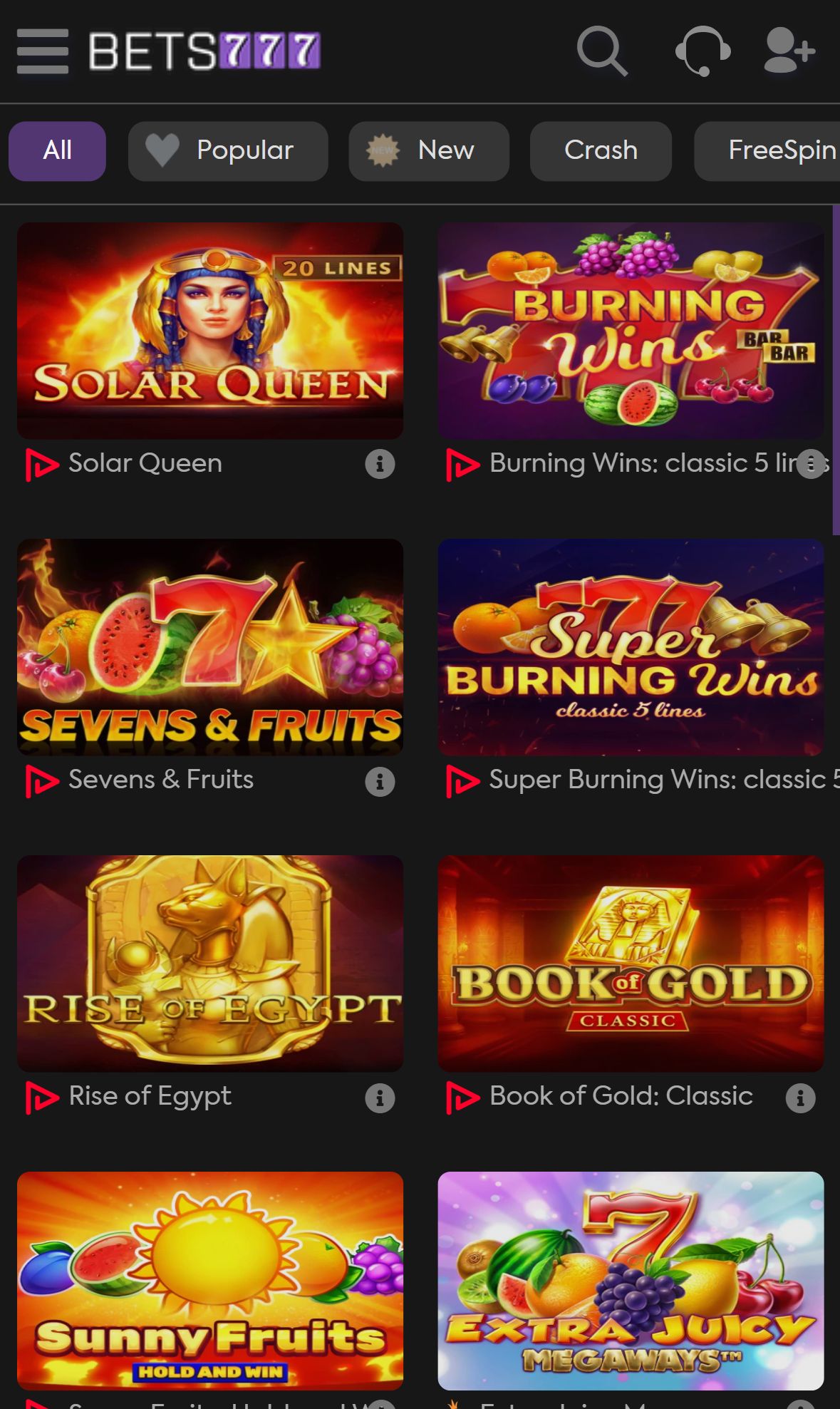 Bets777 — Lobby (Mobile)