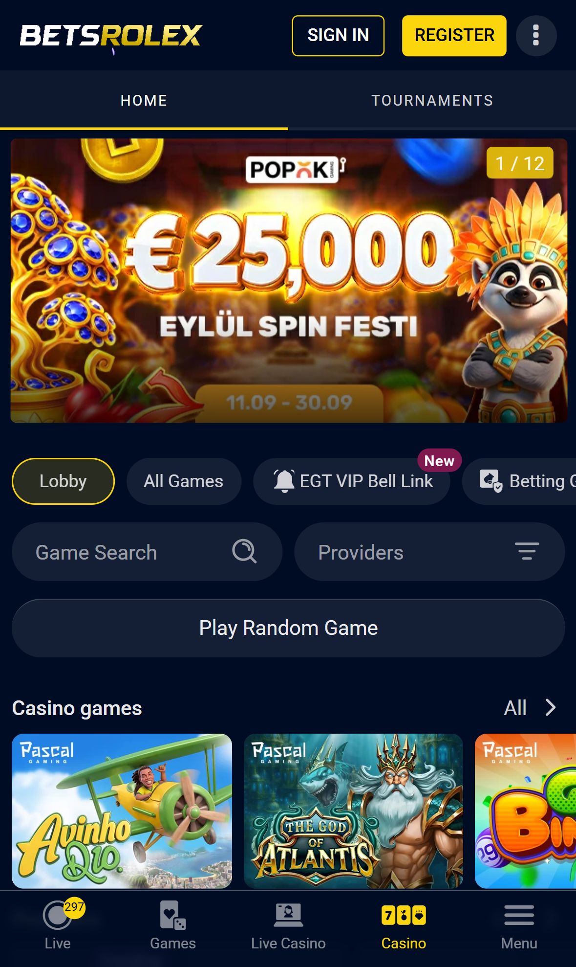 Betsrolex — Lobby (Mobile)