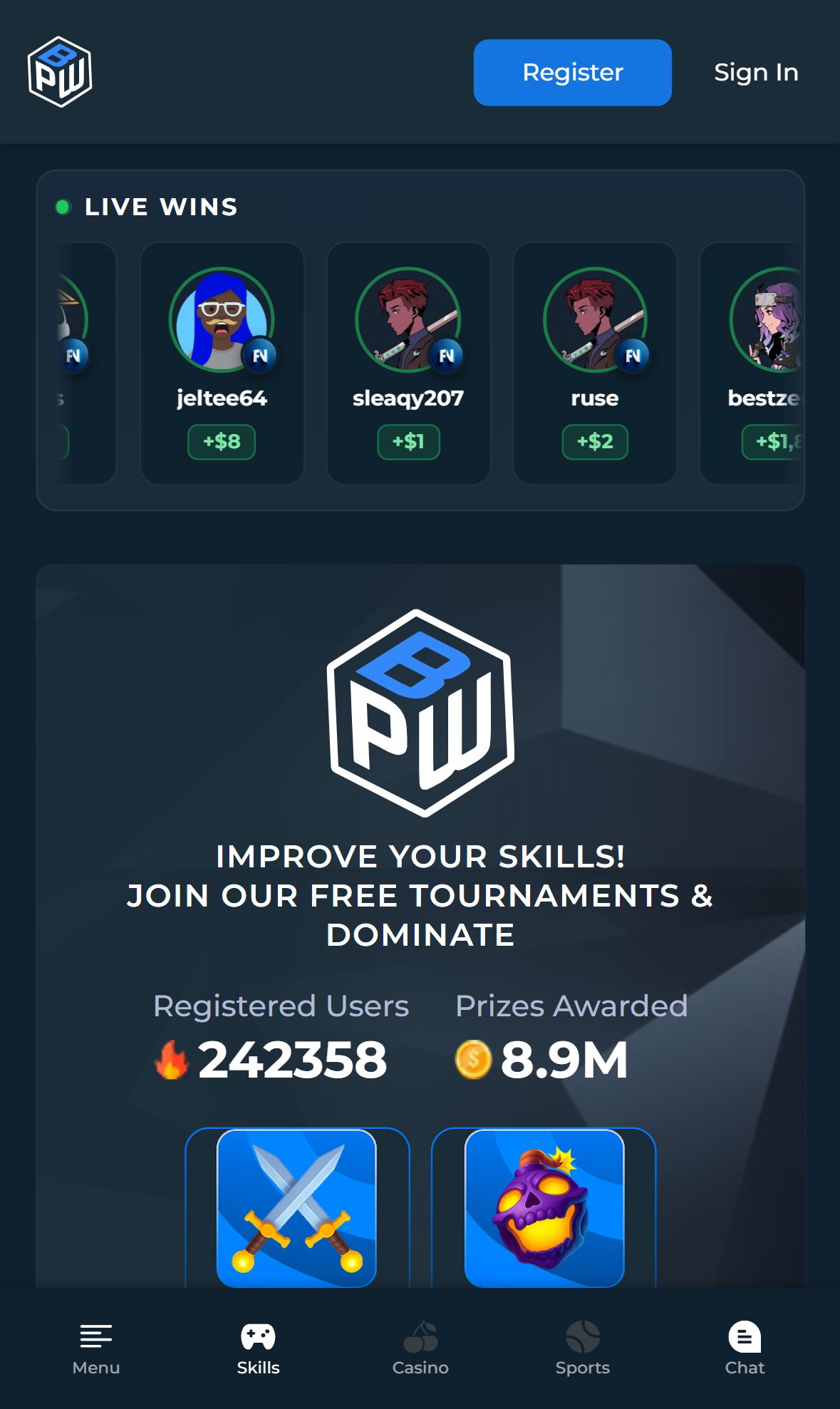 BetterPlayerWin — Homepage (Mobile)