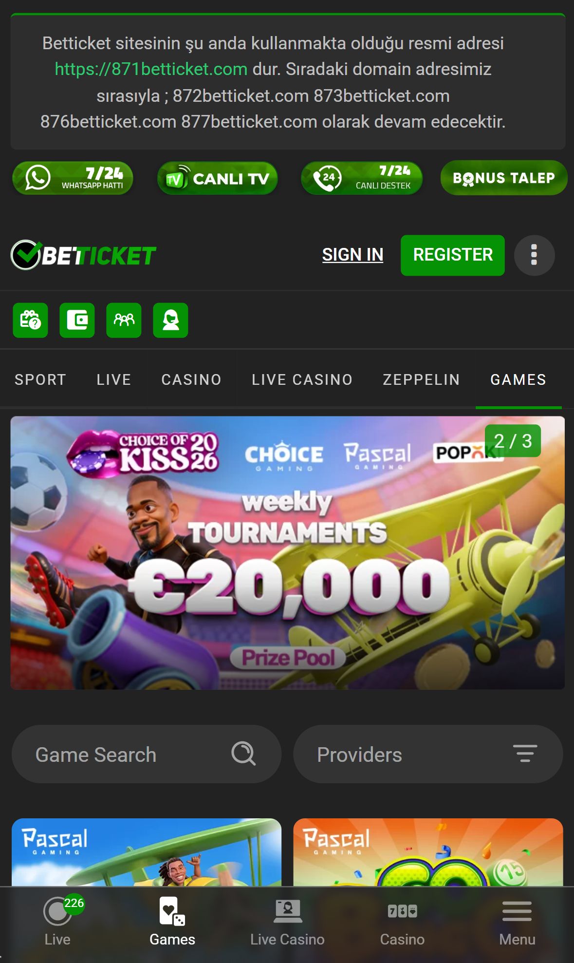 Betticket — Lobby (Mobile)
