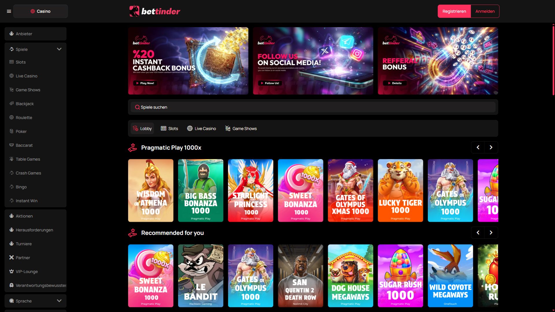 Bettinder — Lobby (Desktop)